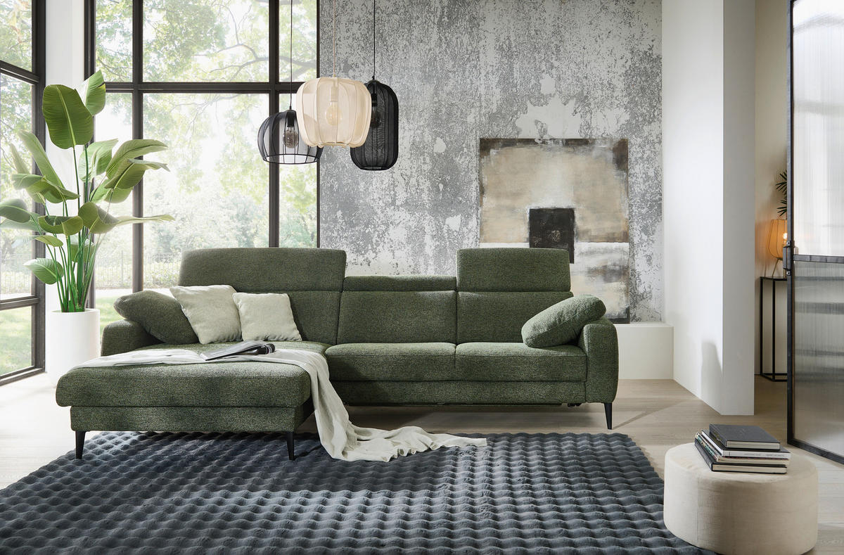 ECKSOFA Grün Chenille  - Schwarz/Grün, KONVENTIONELL, Textil/Metall (177/300cm) - Valdera