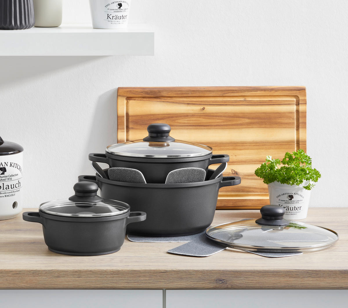 SET LONACA ZA KUHANJE Turin  aluminij, oplemenjeni čelik  5-dijelni  Turin  - boje oplemenjenog čelika/prozirno, Konvencionalno, staklo/metal - Homeware Profession.