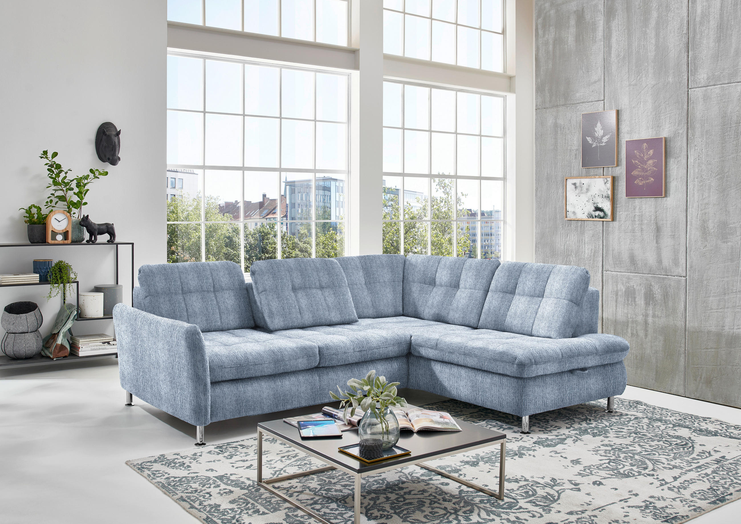 ECKSOFA in Webstoff Hellblau  - Chromfarben/Hellblau, Konventionell, Textil/Metall (242/210cm) - Beldomo Style