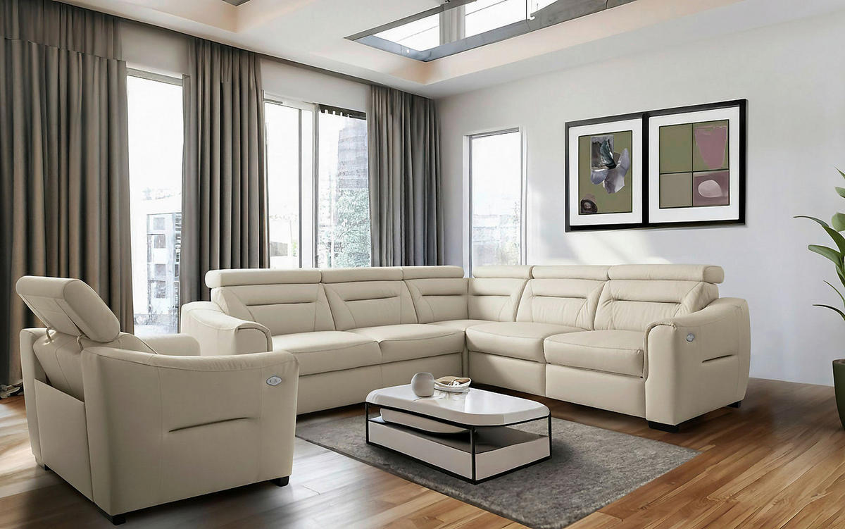 ECKSOFA Lederlook Echtleder Creme  - Wengefarben/Creme, Design, Leder/Holz (260/260cm) - Celina Home