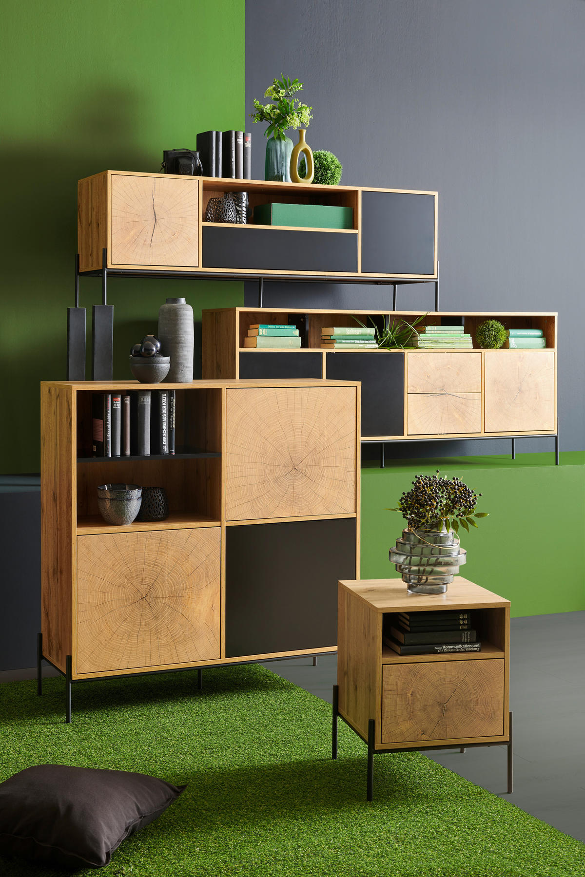 NOĆNI STOČIĆ crna, boja hrasta  - boja hrasta/crna, Dizajnerski, metal/pločasti materijal (44/55/40cm) - Carryhome