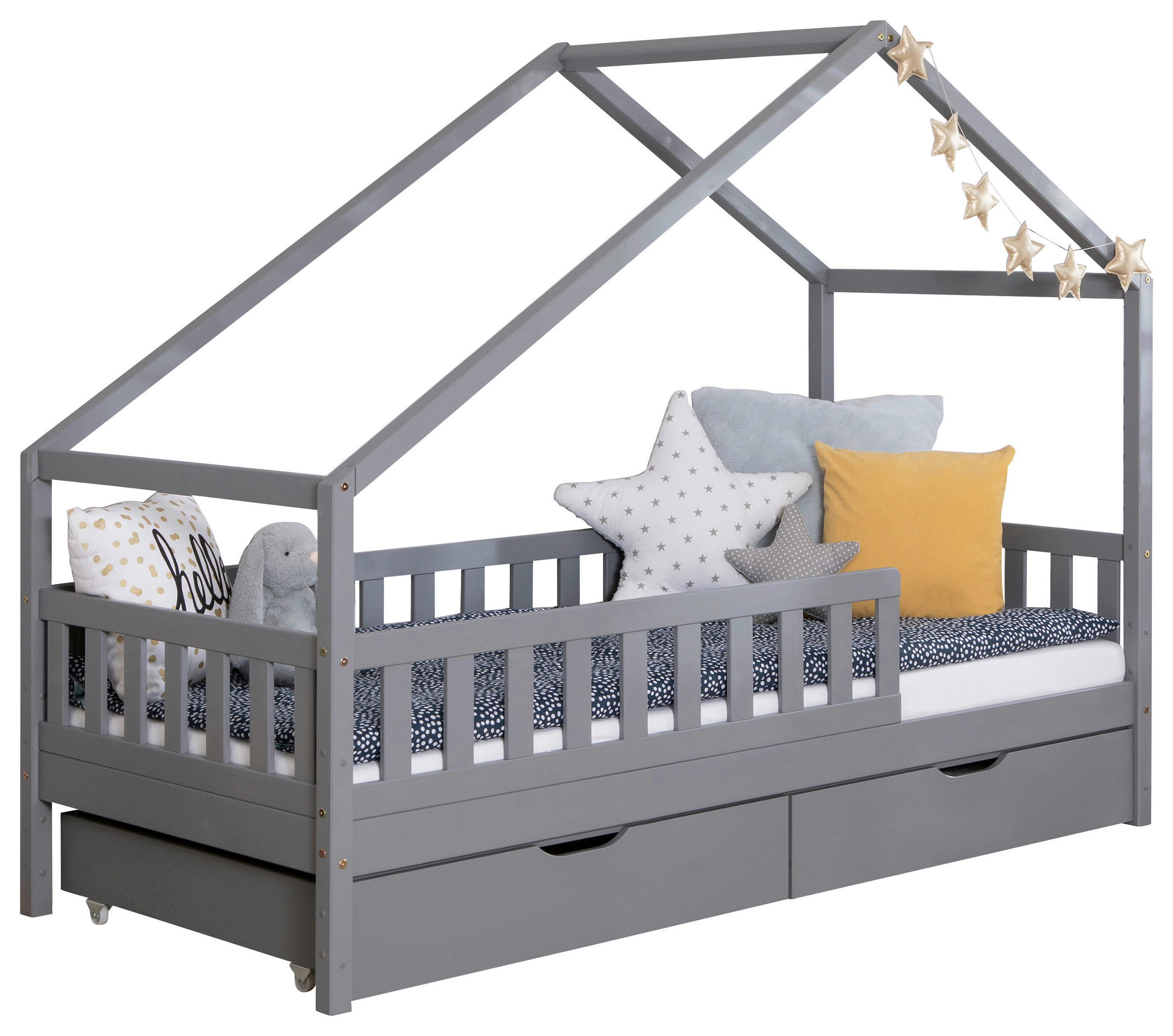 HAUSBETT Absturzsicherung, Matratze, Rollrost, Bettschublade 90/200 cm  - Hellgrau/Weiß, MODERN, Holz/Textil (90/200cm) - MID.YOU