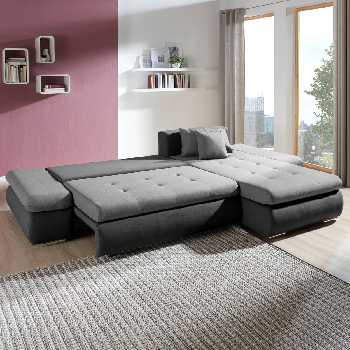 ECKSOFA Dunkelgrau, Hellgrau Webstoff  - Chromfarben/Dunkelgrau, Design, Kunststoff/Textil (302/187cm) - Carryhome