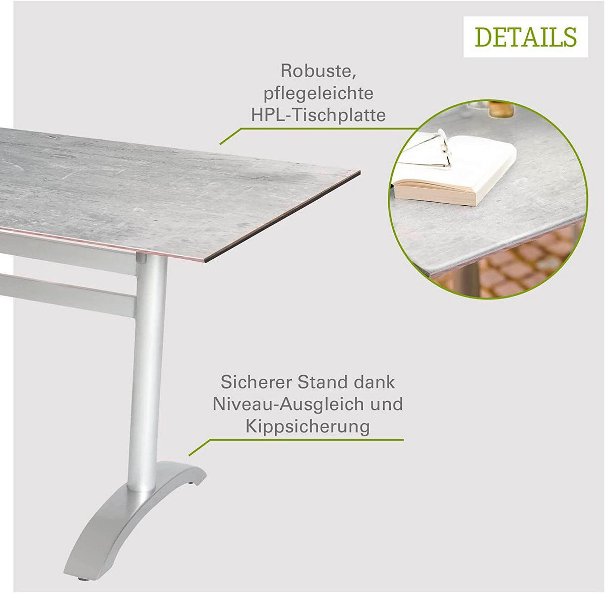 TABLE DE JARDIN PLIANTE 120/80/72 cm métal, matériau de bois gris, couleur platine rectangulaire  - gris/couleur platine, Basics, métal/matériau de bois (120/80/72cm) - Gardenson