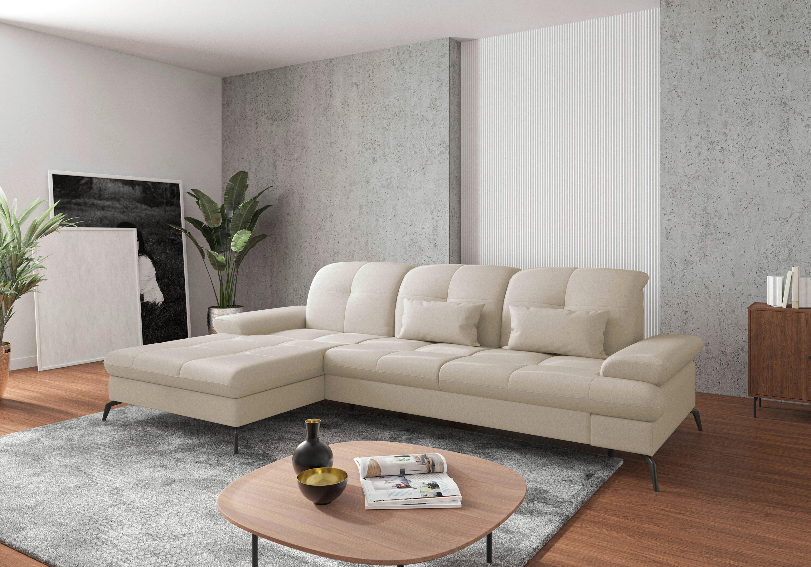ECKSOFA in Flachgewebe Creme  - Creme/Schwarz, Konventionell, Textil/Metall (185/279cm) - Sit & More
