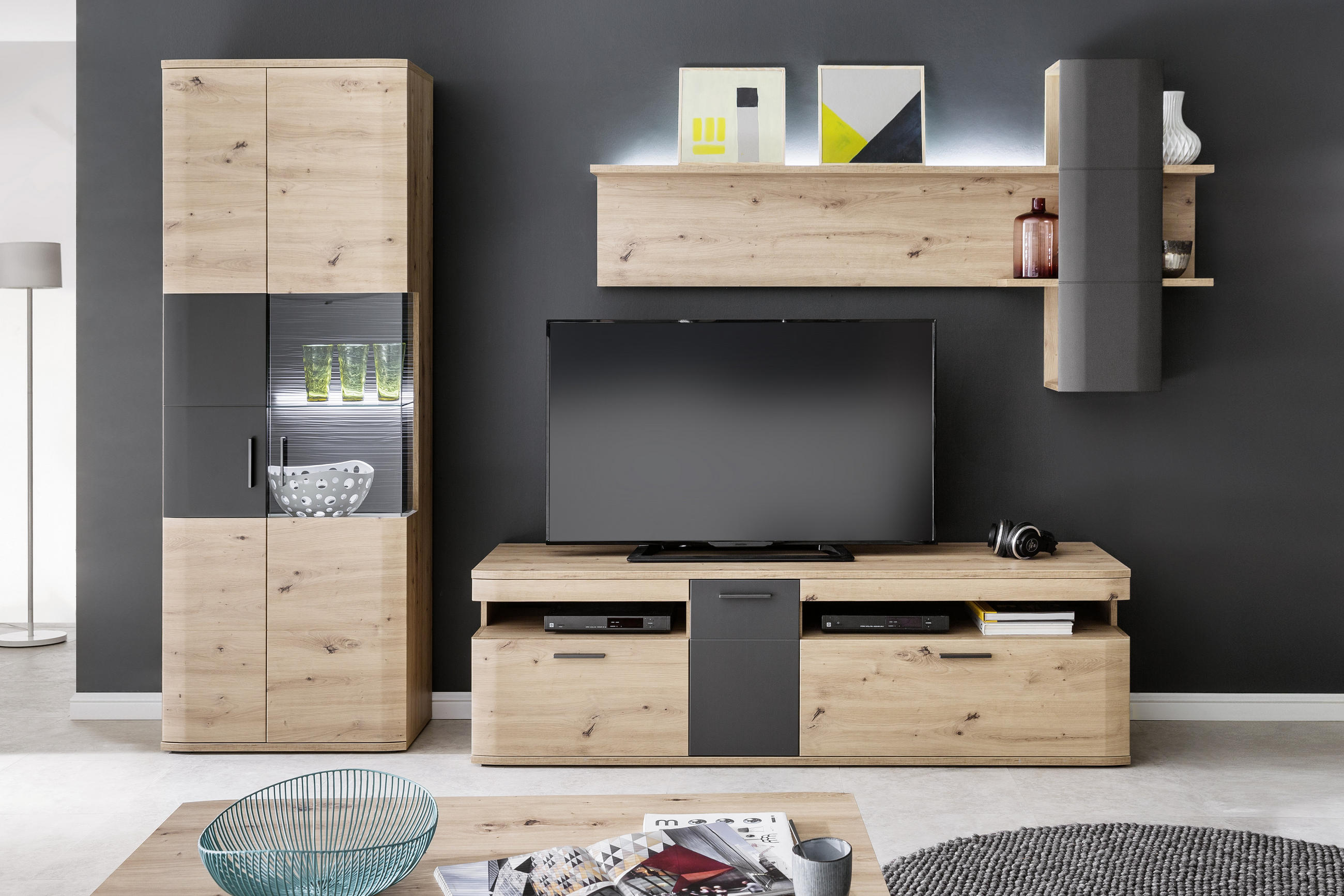 KOMODA POD TELEVIZI, antracitová, barvy dubu, 180/55/50 cm - černá/barvy dubu, Design, kov/kompozitní dřevo (180/55/50cm) - Livetastic