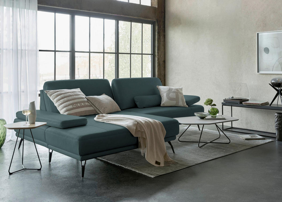 ECKSOFA Echtleder Graublau  - Graublau/Schwarz, Konventionell, Leder/Metall (180/301cm) - Joop!