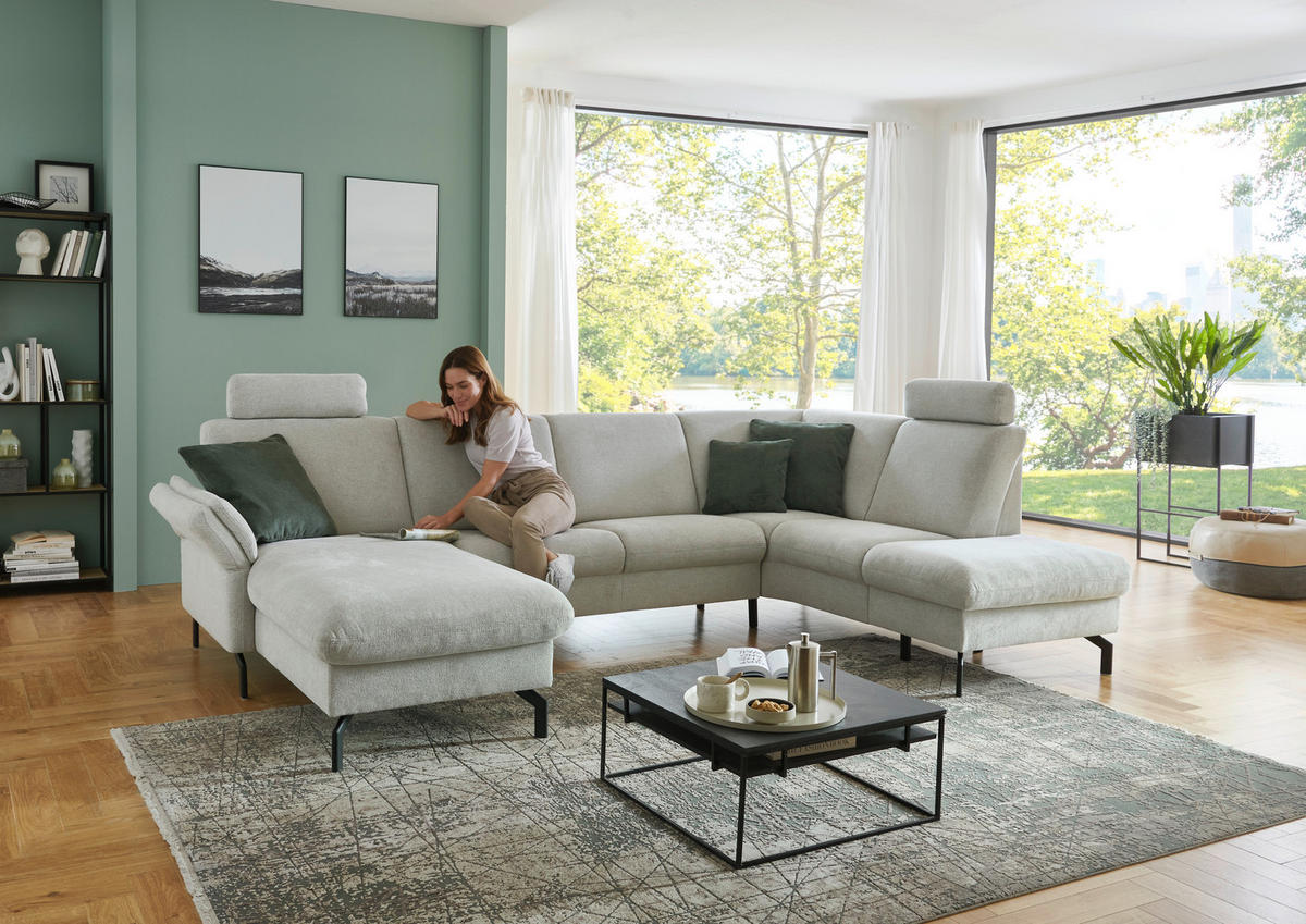 WOHNLANDSCHAFT Flachgewebe Ecru  - Ecru/Schwarz, Konventionell, Textil/Metall (170/307/190cm) - Beldomo Comfort