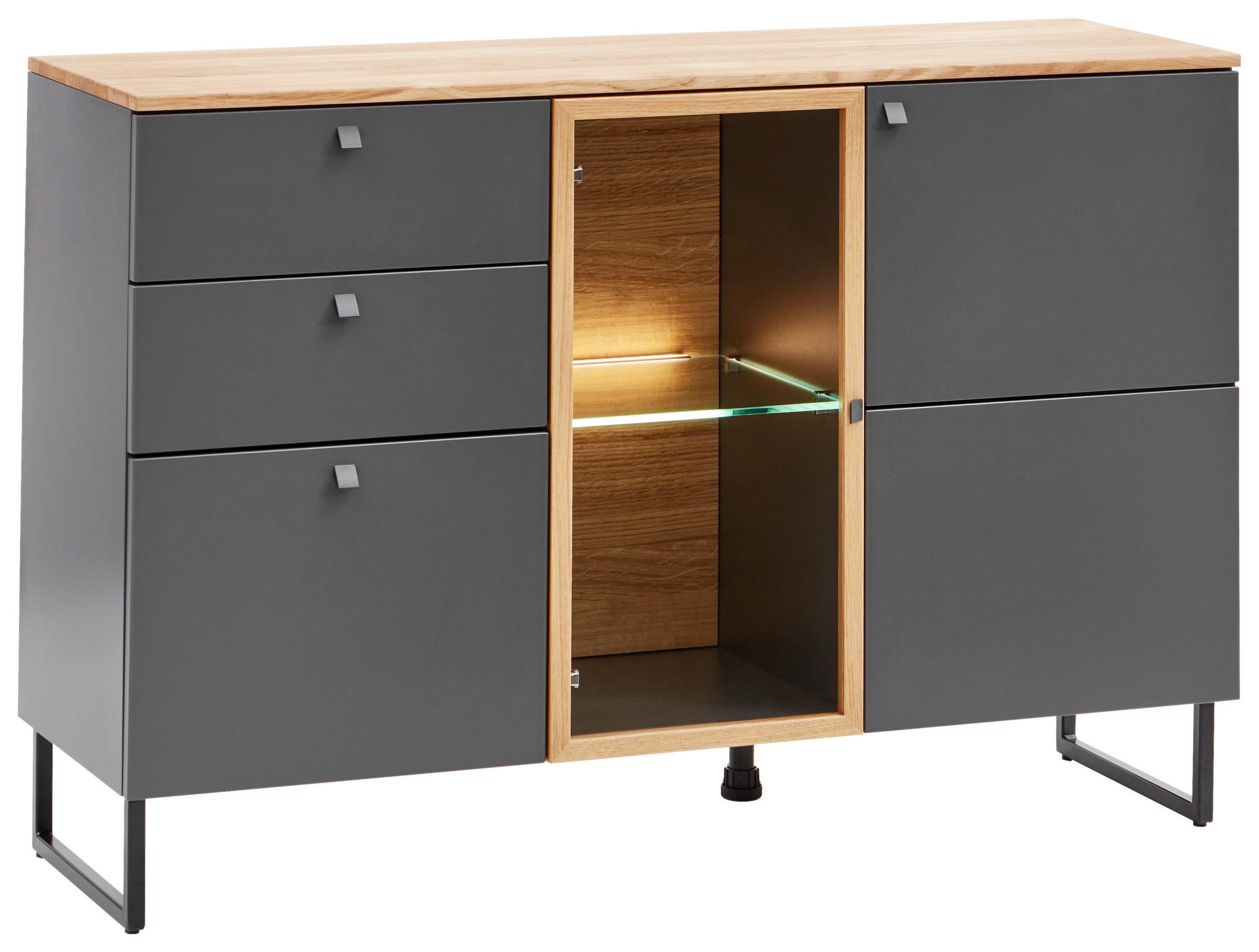 SIDEBOARD 135/87/42 cm  in Grau, Eichefarben  - Eichefarben/Schwarz, Lifestyle, Glas/Holz (135/87/42cm) - Valdera