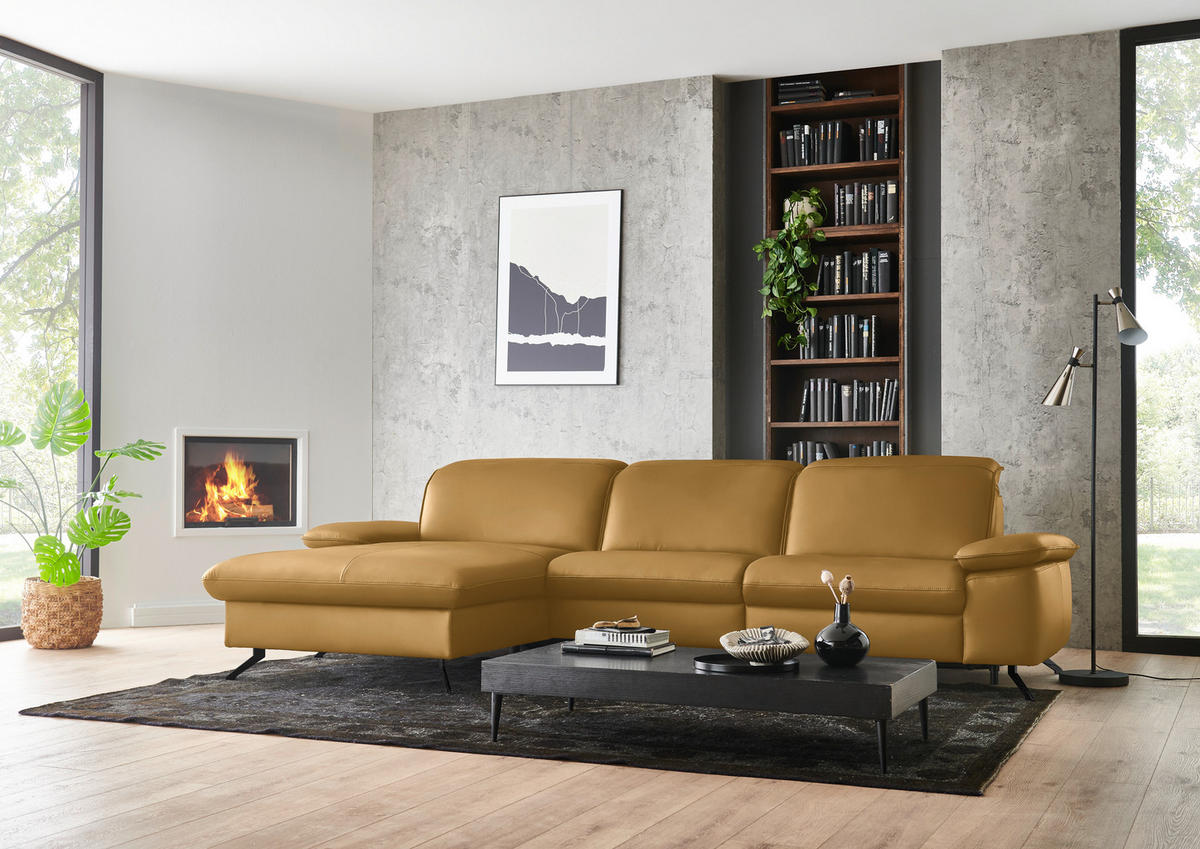 ECKSOFA  Echtleder Currygelb  - Currygelb/Schwarz, Design, Leder/Metall (169/307cm) - Beldomo Premium