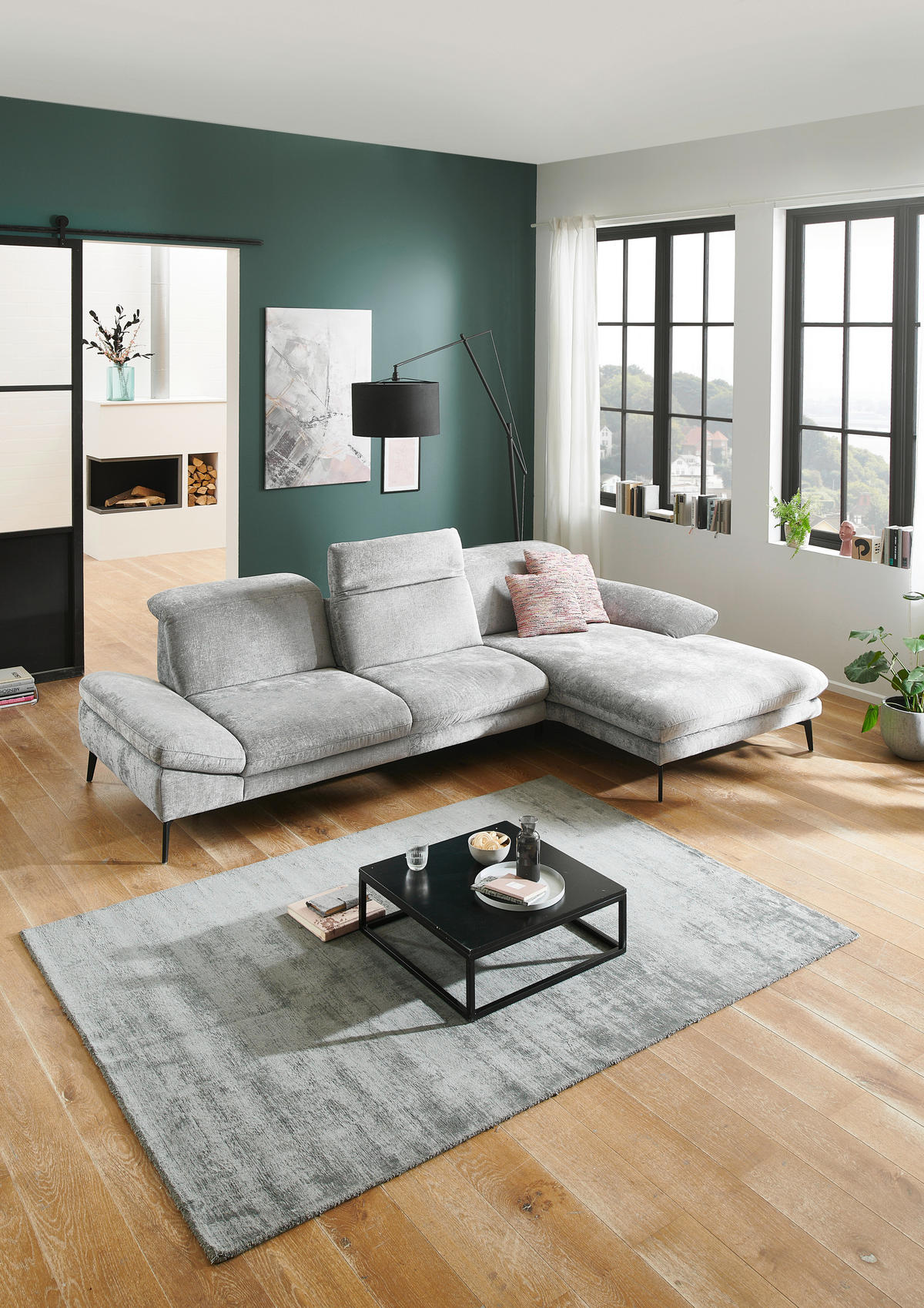 ECKSOFA in Chenille Grau  - Schwarz/Grau, Design, Textil/Metall (188/319cm) - Beldomo System