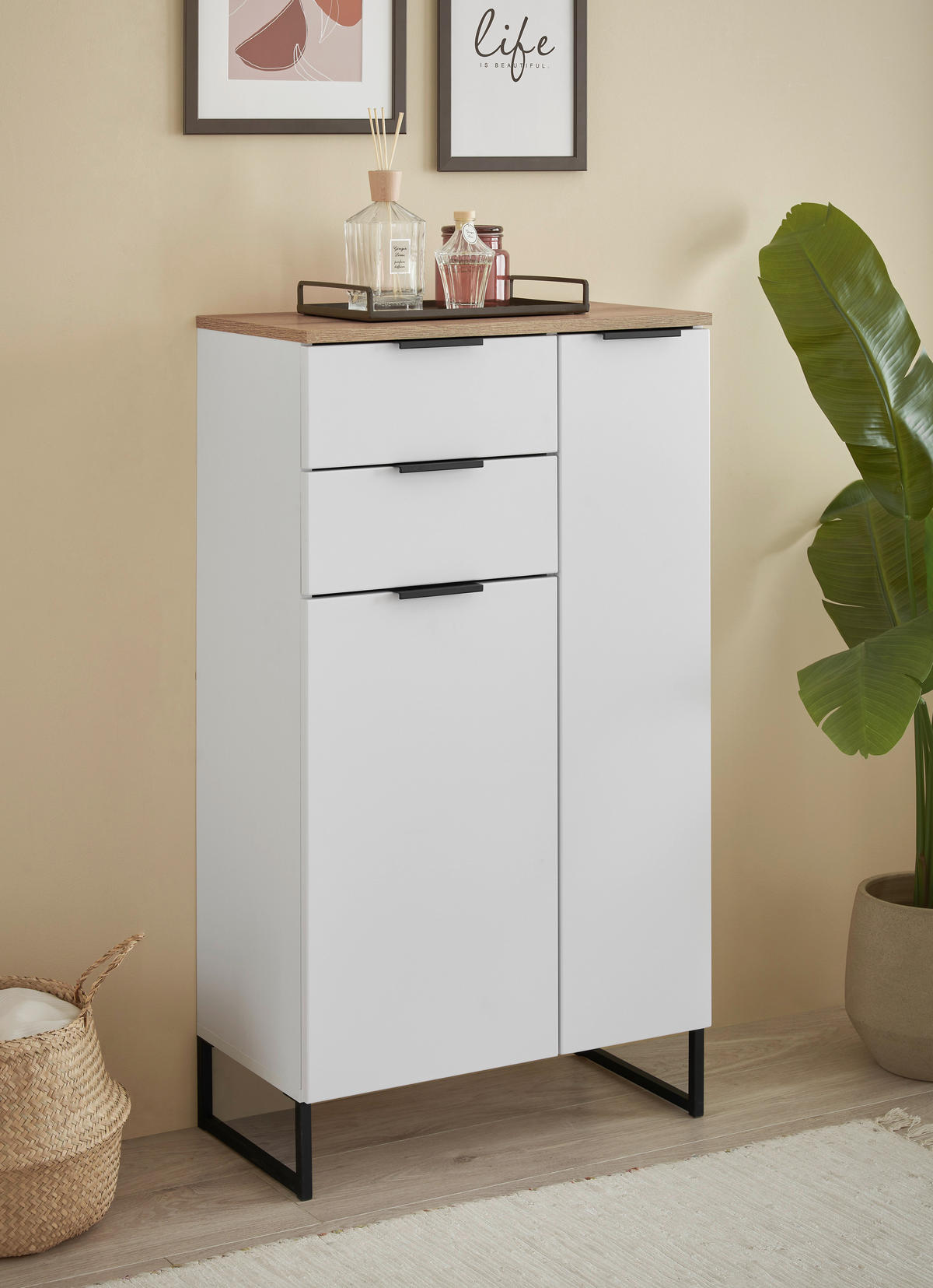 MIDISCHRANK 60/106/32 cm  - Eichefarben/Schwarz, KONVENTIONELL, Holzwerkstoff/Metall (60/106/32cm) - home24