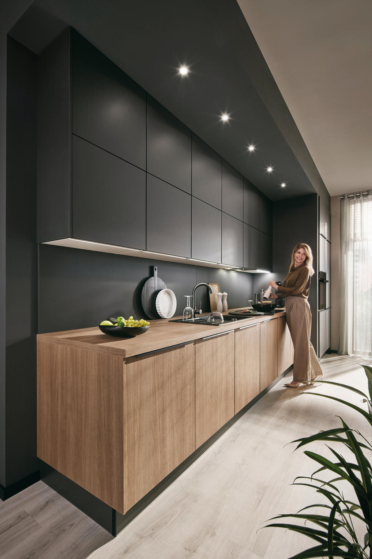 EINBAUKÜCHE   - Eichefarben/Graphitfarben, Design, Holzwerkstoff - Xora