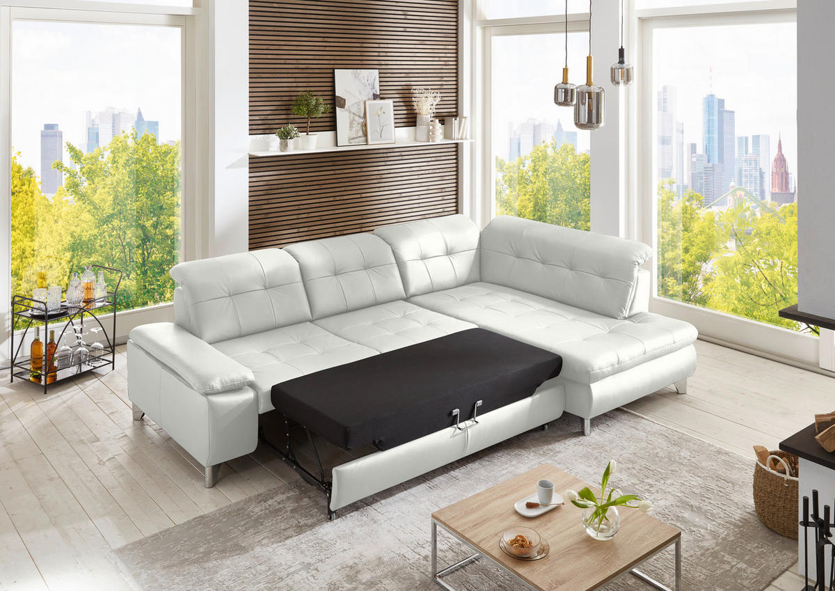 ECKSOFA Echtleder Weiss  - Weiss/Alufarben, Design, Leder/Metall (309/211cm) - Beldomo Speed