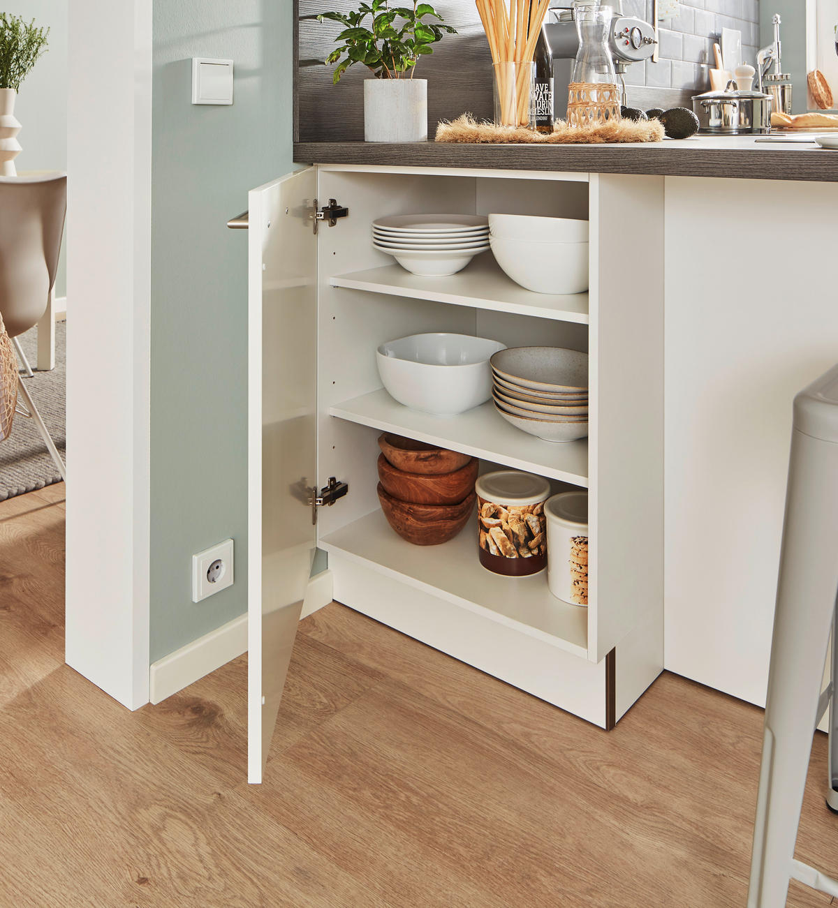 KÜCHENLEERBLOCK   in Eichefarben, Weiß Hochglanz  - Edelstahlfarben/Eichefarben, MODERN, Holzwerkstoff/Metall (305/255/185cm) - Welnova