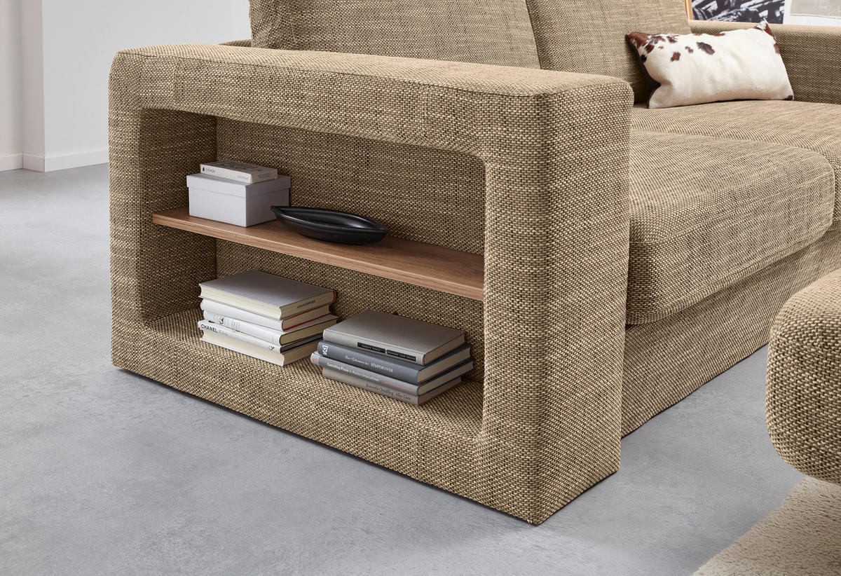 ZWEISITZER-SOFA inkl. Hocker Webstoff Braun, Beige  - Eichefarben/Beige, Design, Holz/Textil (172/96/107cm) - LOOKS by W.Joop
