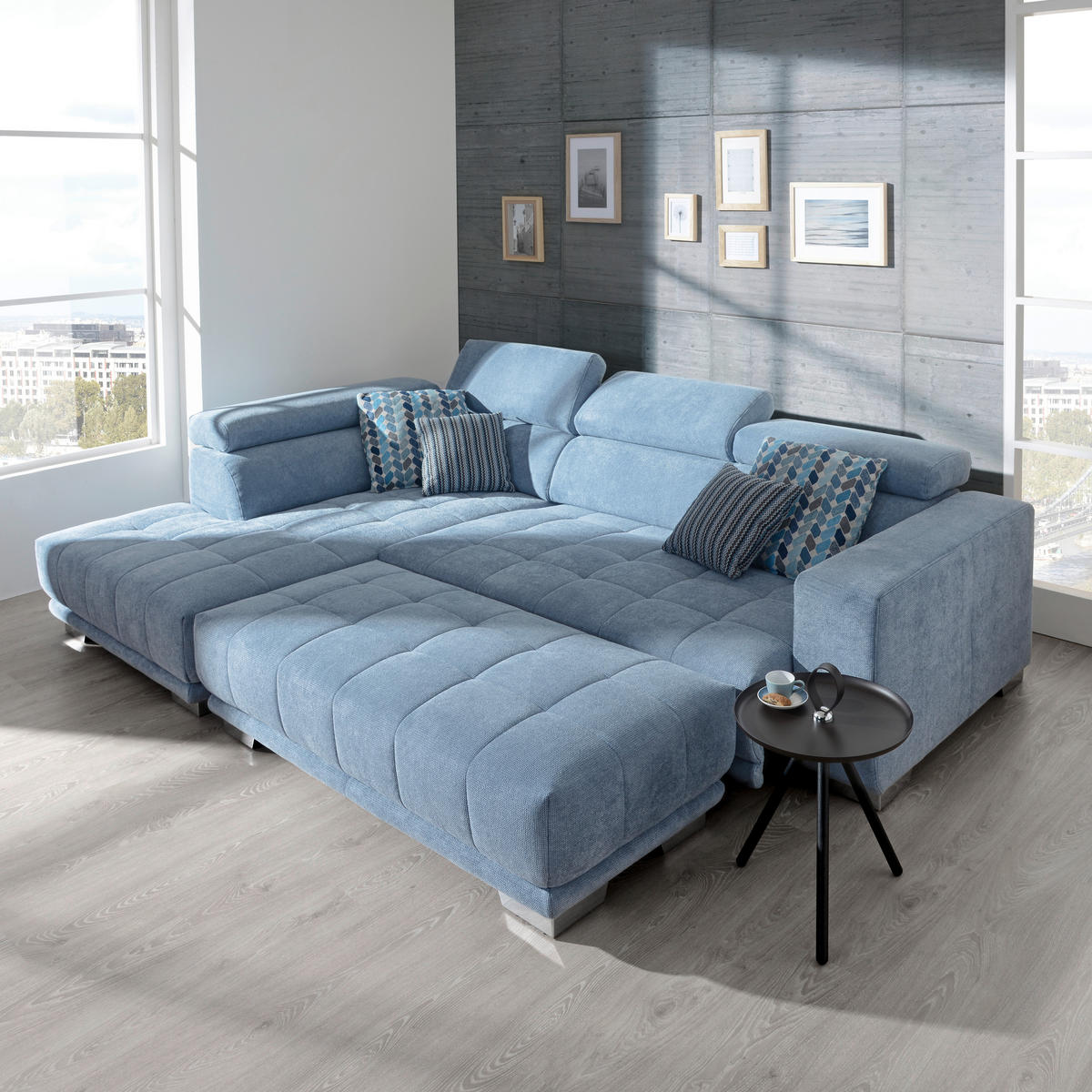 ECKSOFA in Mikrofaser Hellblau  - Chromfarben/Hellblau, Design, Textil/Metall (207/301cm) - Xora