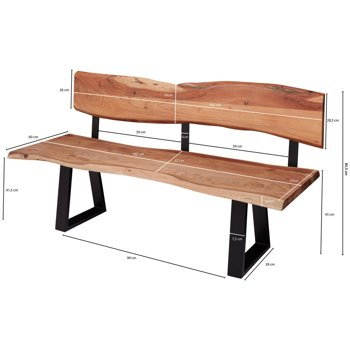 SITZBANK in Holz Akaziefarben  - Schwarz/Akaziefarben, Design, Holz/Metall (180/86/60cm) - MID.YOU