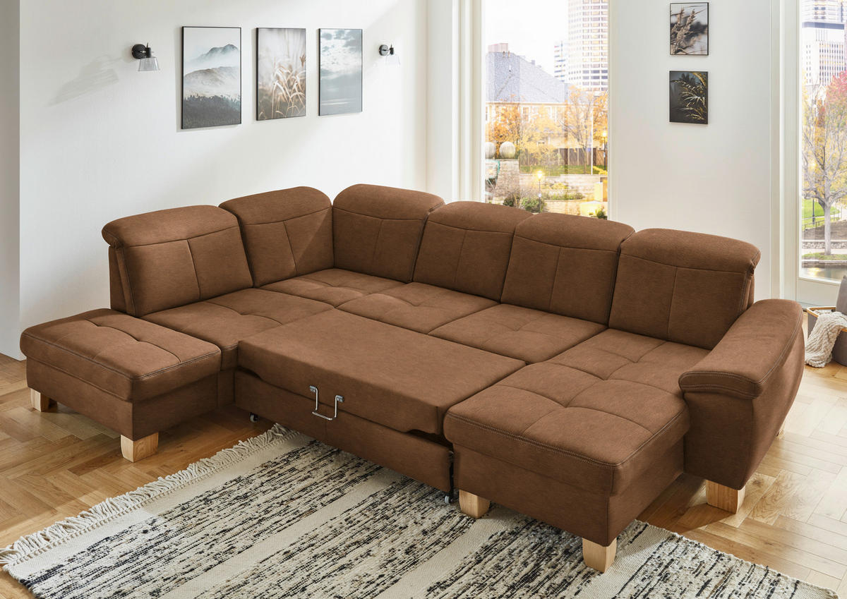 WOHNLANDSCHAFT in Mikrofaser Hellbraun  - Wildeiche/Hellbraun, Konventionell, Holz/Textil (243/343/185cm) - Voleo