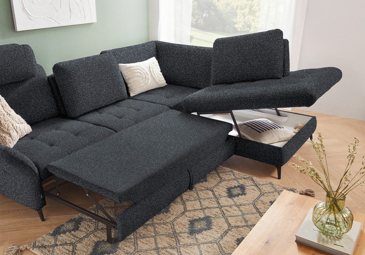 ECKSOFA in Bouclé Schwarz  - Schwarz, Natur, Textil/Metall (288/233cm) - Valnatura