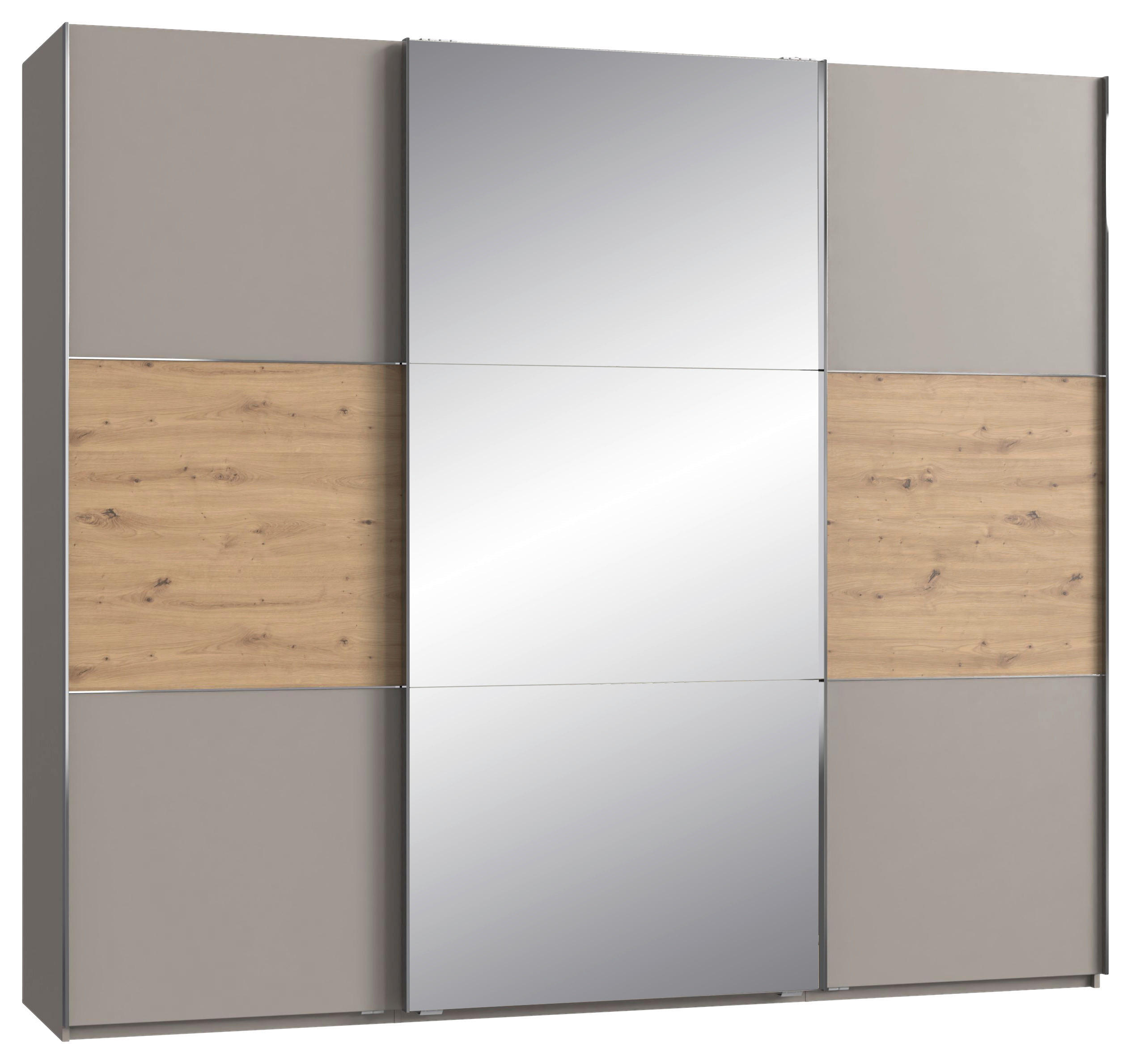 SCHWEBETÜRENSCHRANK 250/216/65 cm 3-türig Grau, Edelstahlfarben, Eiche Artisan  - Edelstahlfarben/Eiche Artisan, KONVENTIONELL, Glas/Holzwerkstoff (250/216/65cm) - Stylife