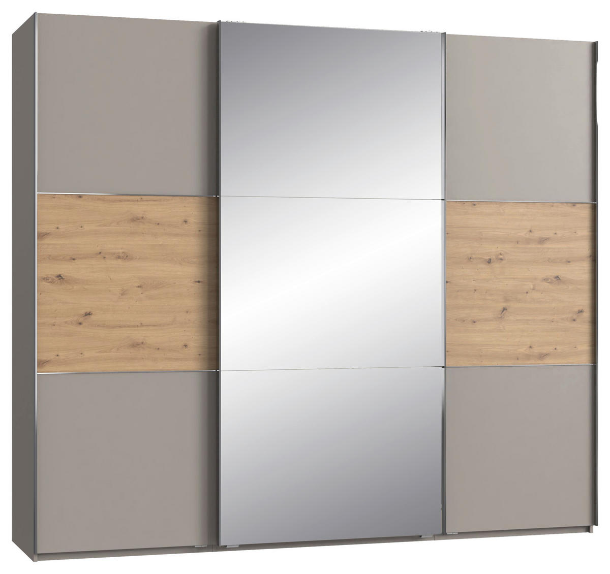 SCHWEBETÜRENSCHRANK 250/216/65 cm 3-türig Grau, Edelstahlfarben, Eiche Artisan  - Edelstahlfarben/Eiche Artisan, KONVENTIONELL, Glas/Holzwerkstoff (250/216/65cm) - Stylife