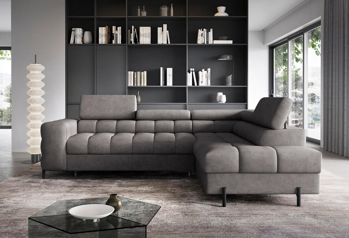 ECKSOFA FERUCCE Grau Chenille Bettkasten, Kopfteilverstellung  - Schwarz/Grau, Design, Textil/Metall (276/200cm) - MID.YOU