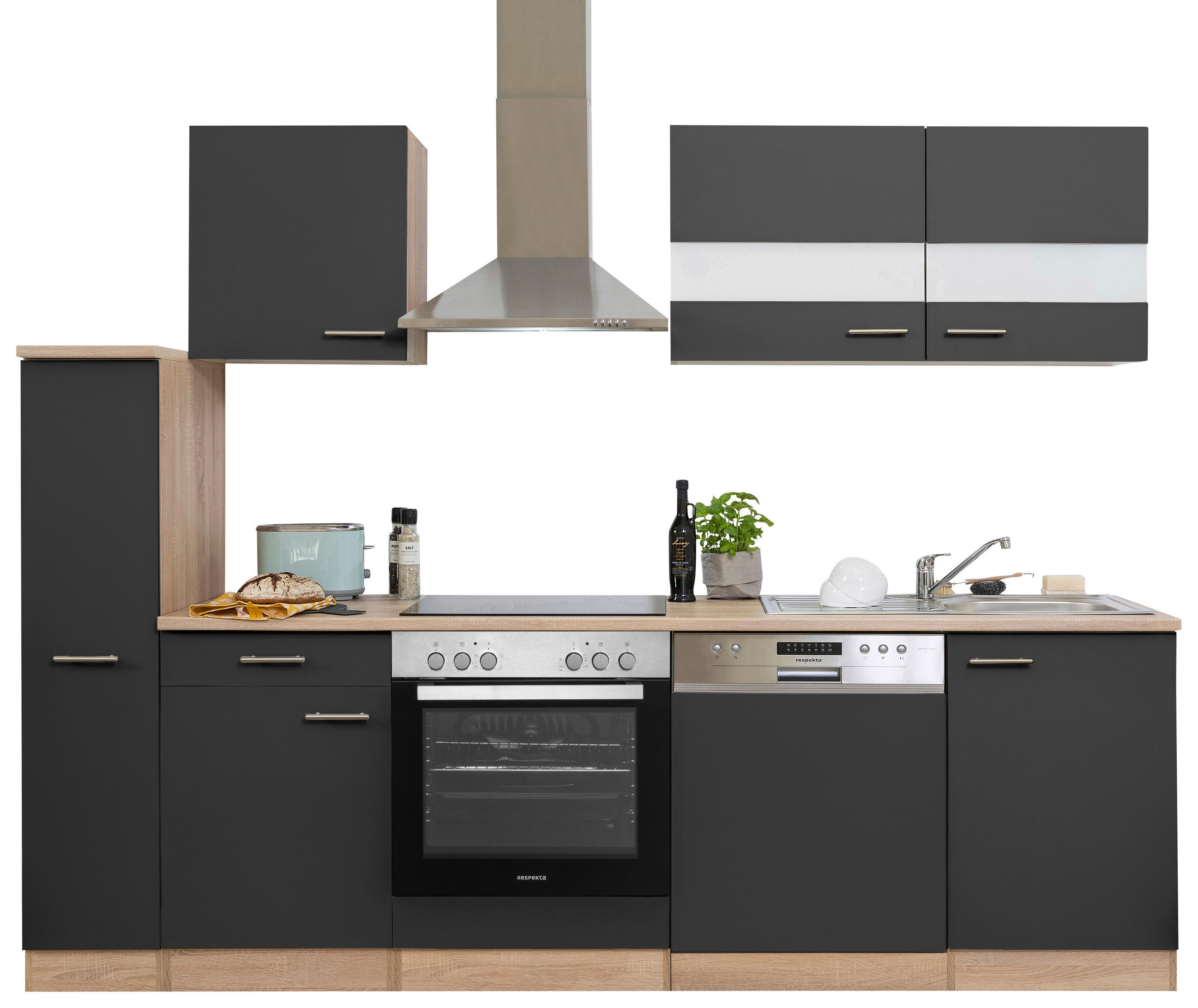 KÜCHENBLOCK 250 cm in Grau - Edelstahlfarben/Eichefarben, Basics, Holzwerkstoff/Metall (250cm) - Respekta