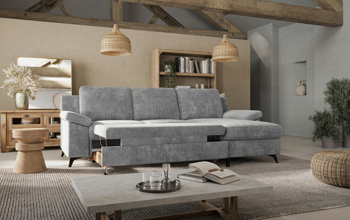 ECKSOFA in Chenille Grau  - Schwarz/Grau, Konventionell, Textil/Metall (245/156cm) - Cotta