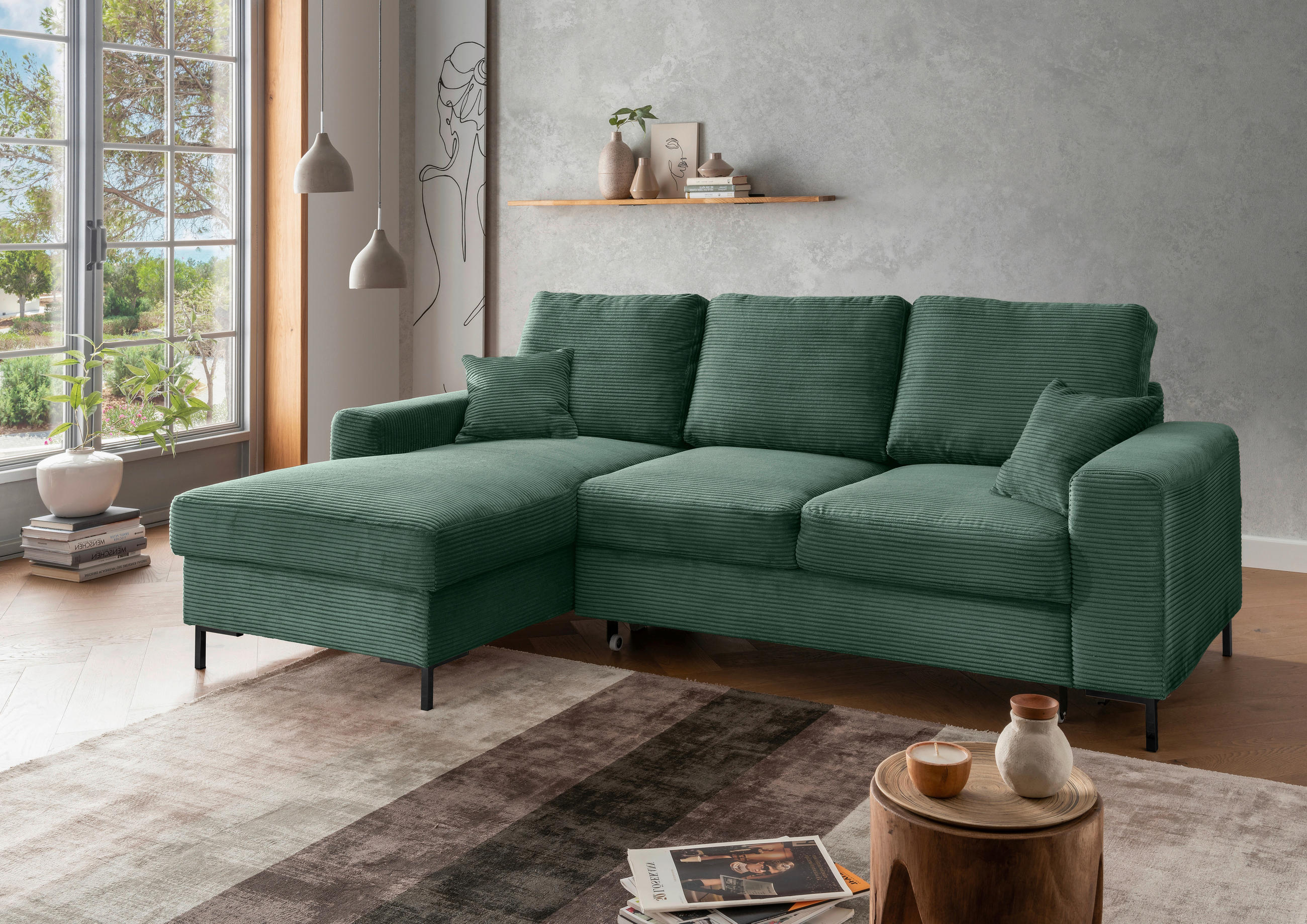 ECKSCHLAFSOFA in Cord Dunkelgrün  - Dunkelgrün/Schwarz, KONVENTIONELL, Textil/Metall (143/237cm) - Livetastic