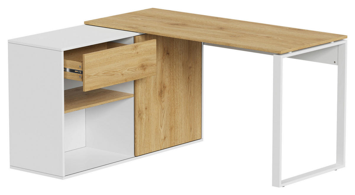 ECKSCHREIBTISCH  in Weiß, Eichefarben  - Eichefarben/Weiß, MODERN, Holzwerkstoff/Metall (140/75/118cm) - MID.YOU