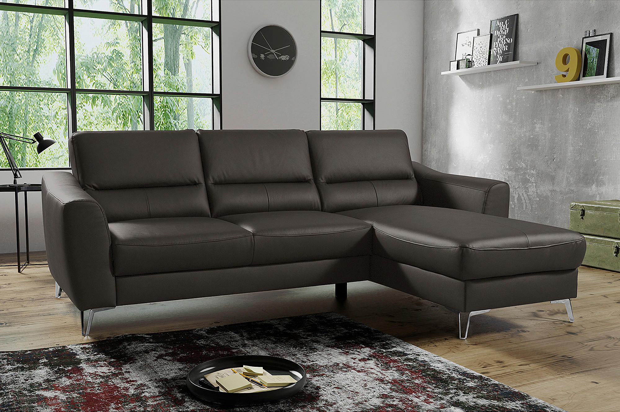 ECKSOFA in Lederlook Echtleder Dunkelbraun  - Chromfarben/Dunkelbraun, Design, Leder/Textil (241/168cm) - Livetastic