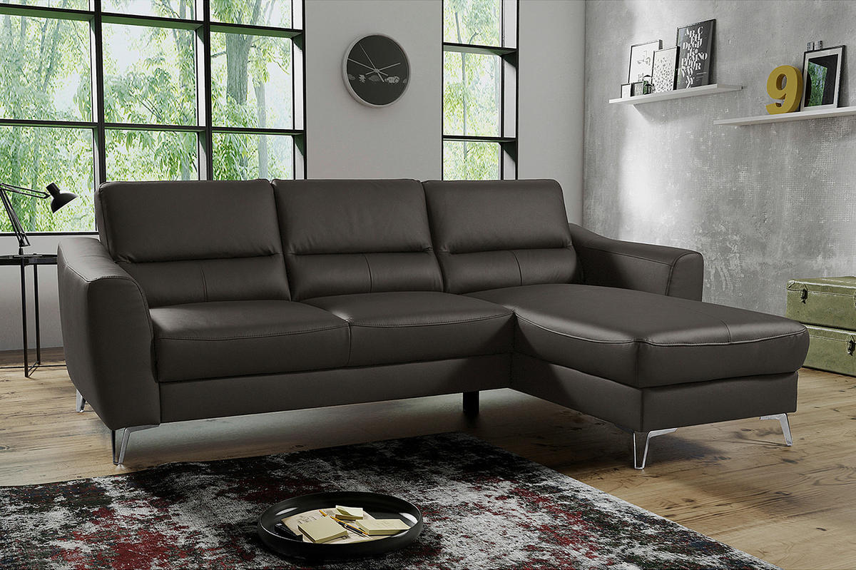 ECKSOFA in Lederlook Echtleder Dunkelbraun  - Chromfarben/Dunkelbraun, Design, Leder/Textil (241/168cm) - Livetastic
