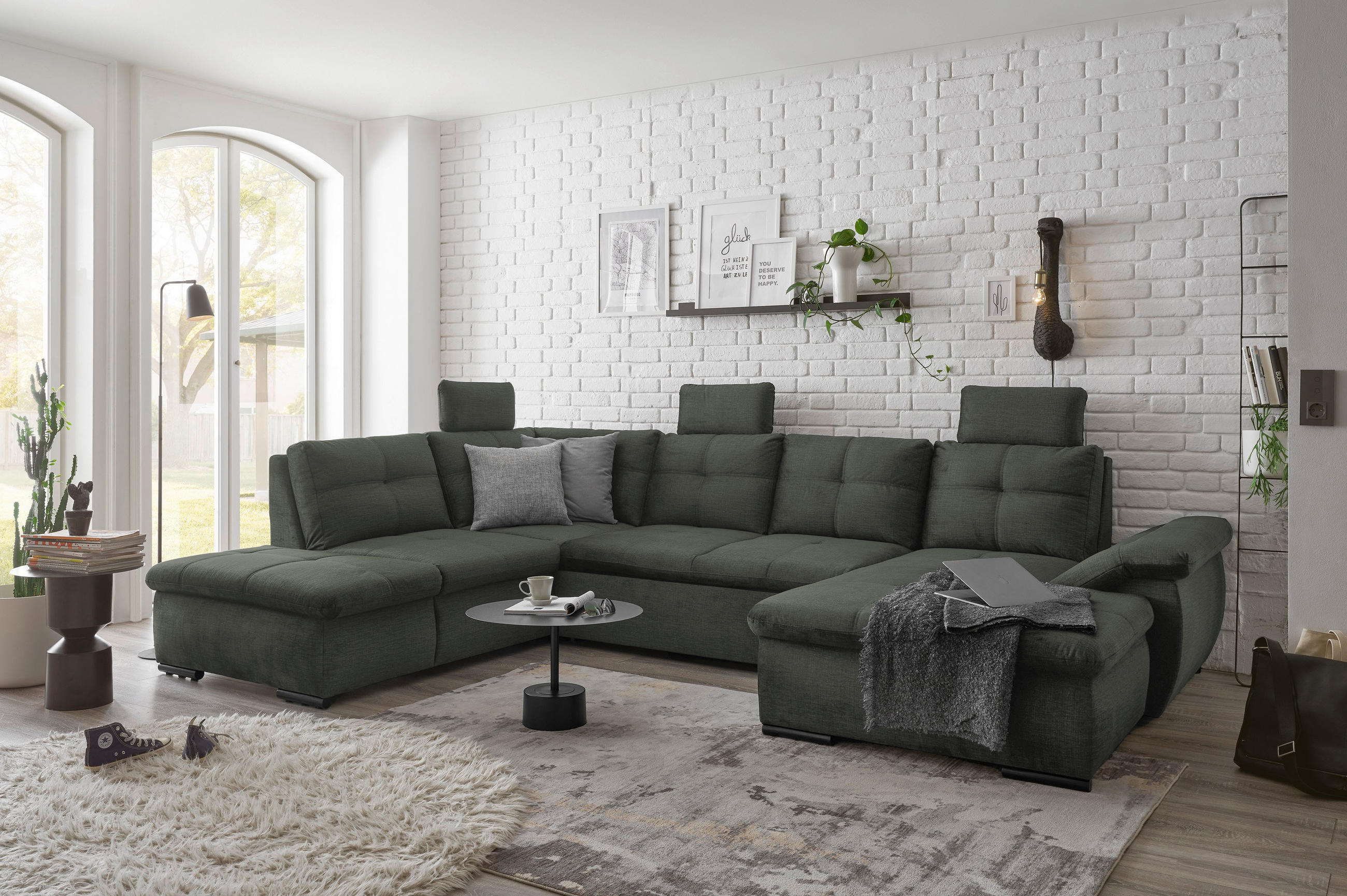 WOHNLANDSCHAFT in Mikrovelours Dunkelgrün  - Dunkelgrün/Schwarz, Konventionell, Kunststoff/Textil (217/334/127cm) - Carryhome