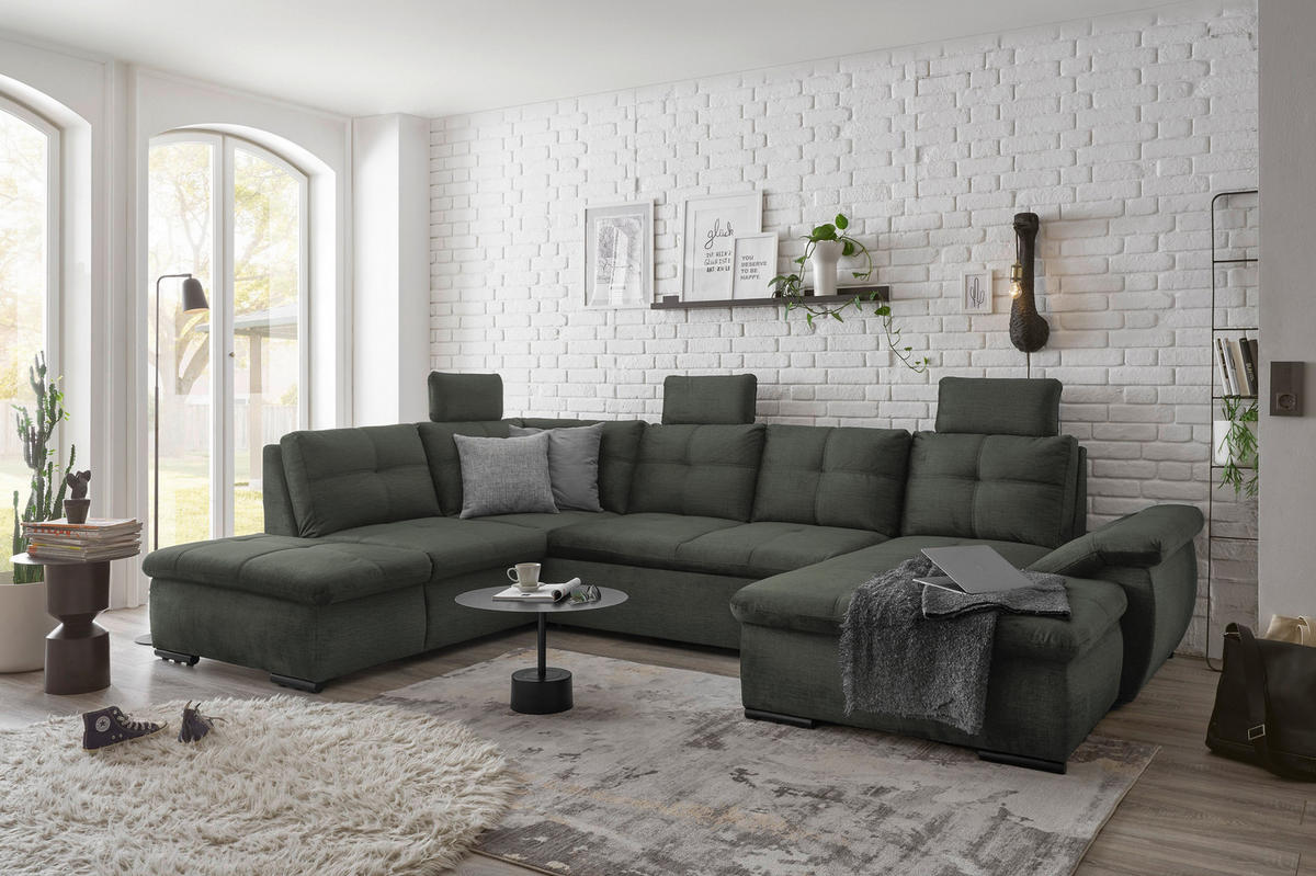 WOHNLANDSCHAFT Dunkelgrün Mikrovelours  - Dunkelgrün/Schwarz, KONVENTIONELL, Kunststoff/Textil (217/334/127cm) - Carryhome
