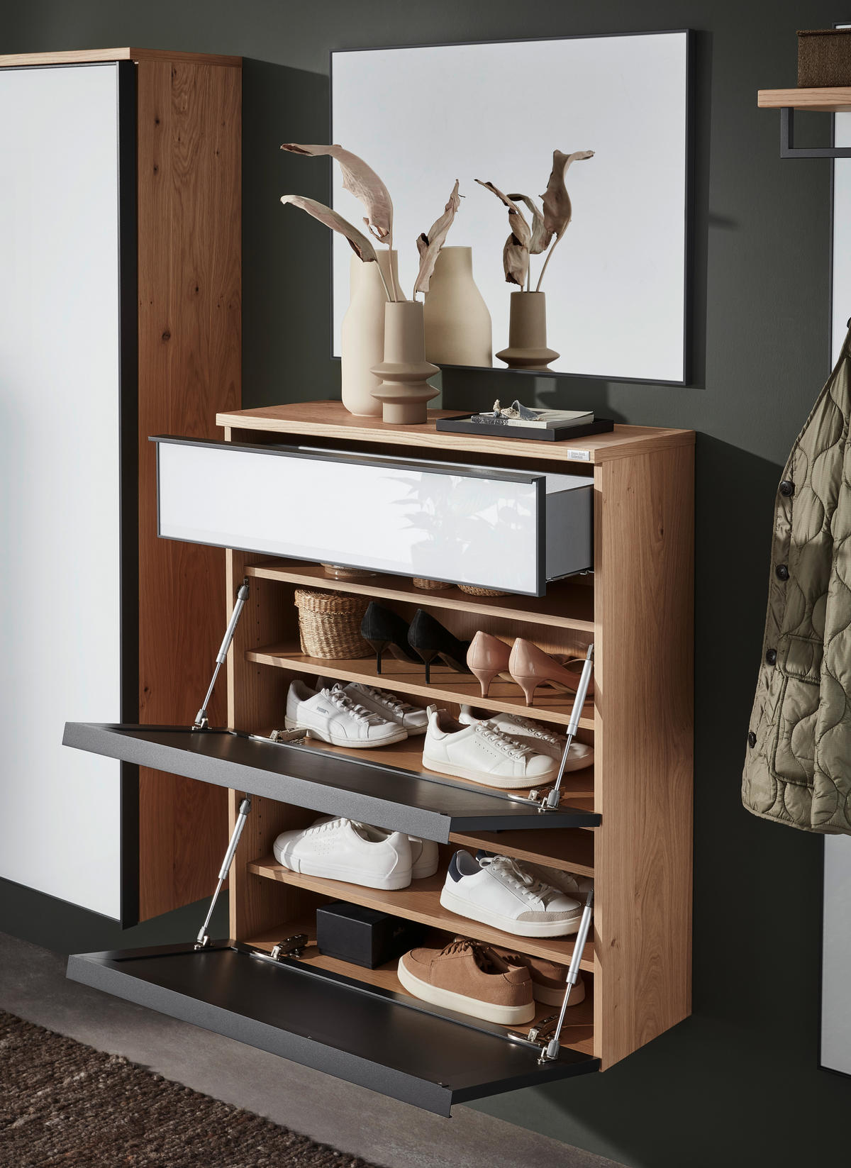 MEUBLE À CHAUSSURES SUSPENDU  in 84/102/31 cm  - Weiss/Eichefarben, Design, Glas/Holz (84/102/31cm) - Dieter Knoll