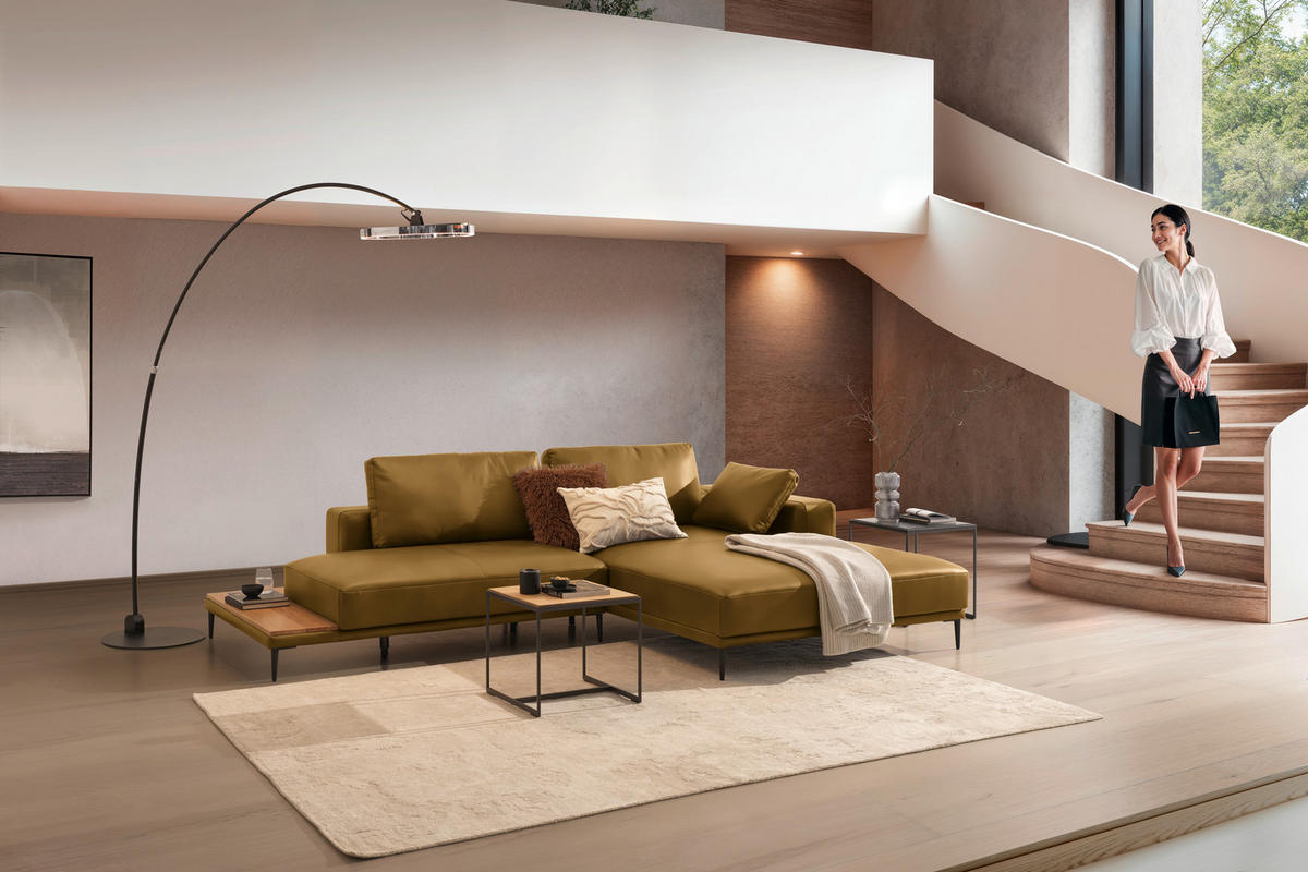 ECKSOFA Echtleder Senfgelb  - Senfgelb/Schwarz, Design, Leder/Metall (304/201cm) - Belluti