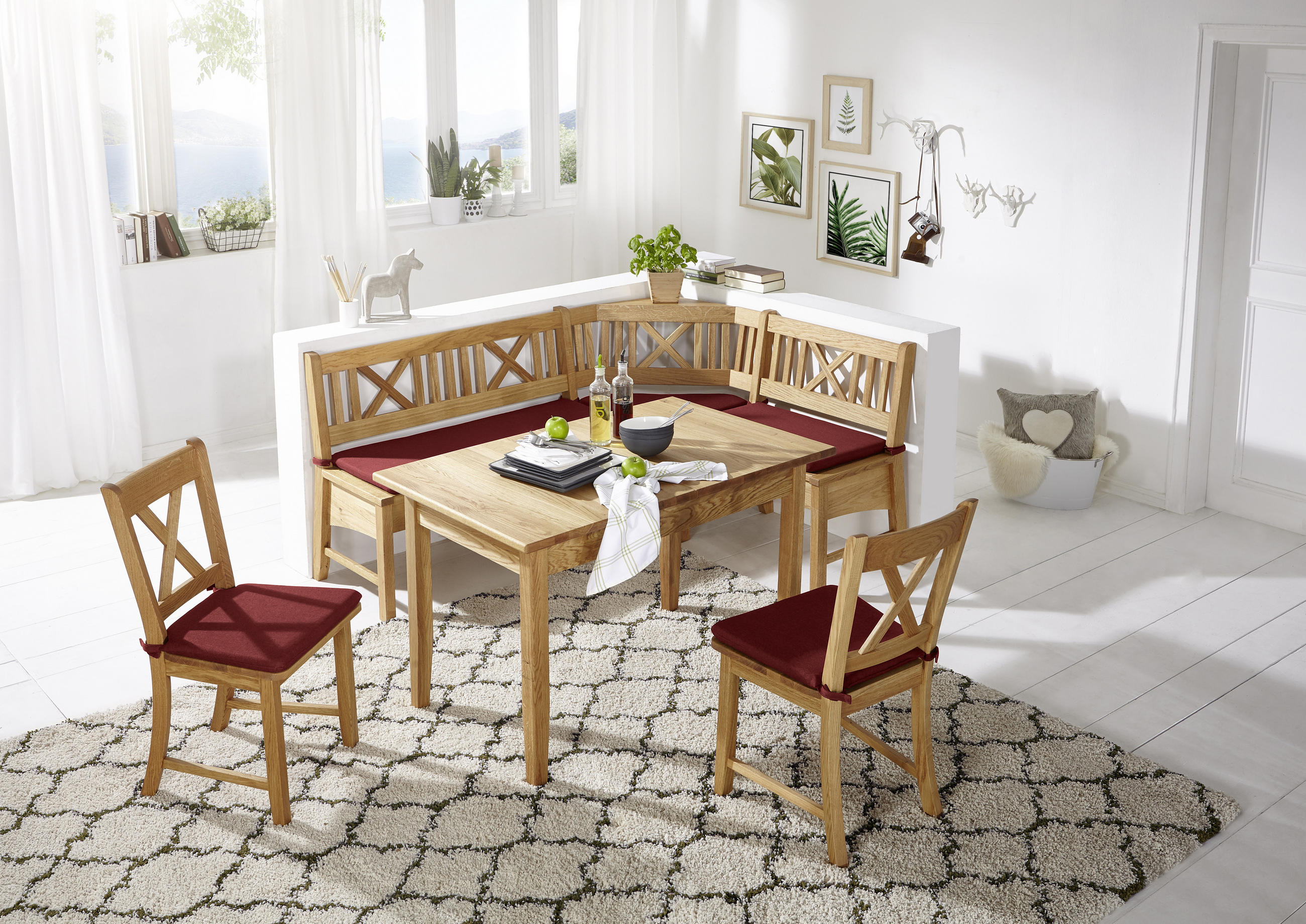 ECKBANKGRUPPE in Holz, Textil Rot, Wildeiche  - Wildeiche/Rot, ROMANTIK / LANDHAUS, Holz/Textil (179/137cm) - Venda