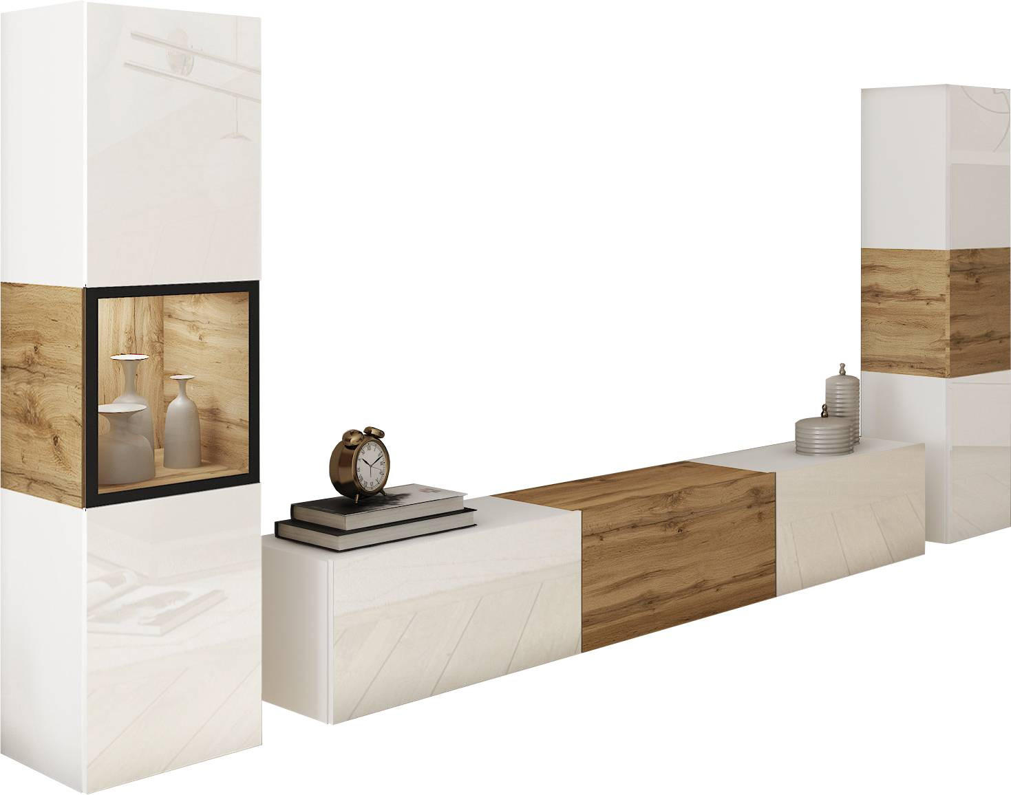 WOHNWAND 3-teilig in Weiss, Eiche Wotan 240/130/31 cm - Weiss/Eiche Wotan, Design, Glas/Holzwerkstoff (240/130/31cm) - MID.YOU
