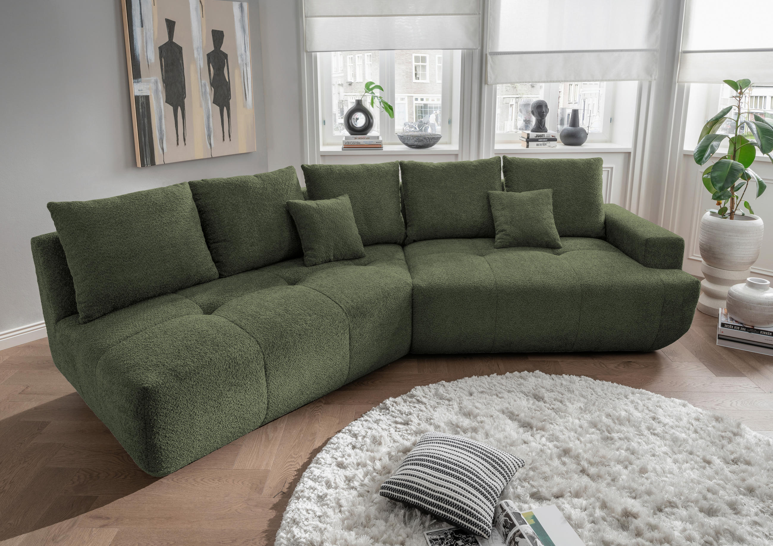 BIGSOFA Bouclé Dunkelgrün  - Dunkelgrün/Schwarz, MODERN, Kunststoff/Textil (323/91/155cm) - Livetastic