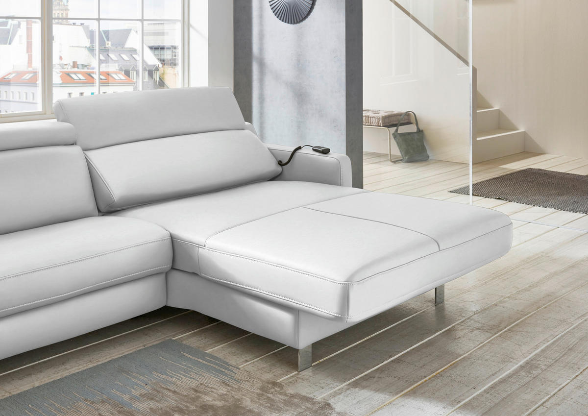 CANAPÉ D'ANGLE cuir véritable blanc  - couleur chromée/blanc, Design, cuir/métal (291/176cm) - Valdera