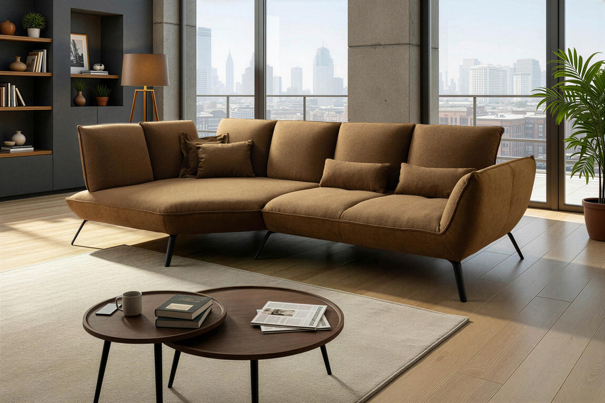 ECKSOFA Braun Flachgewebe Nierenkissen, Rücken echt  - Schwarz/Braun, Design, Textil/Metall (169/320cm) - Moderano