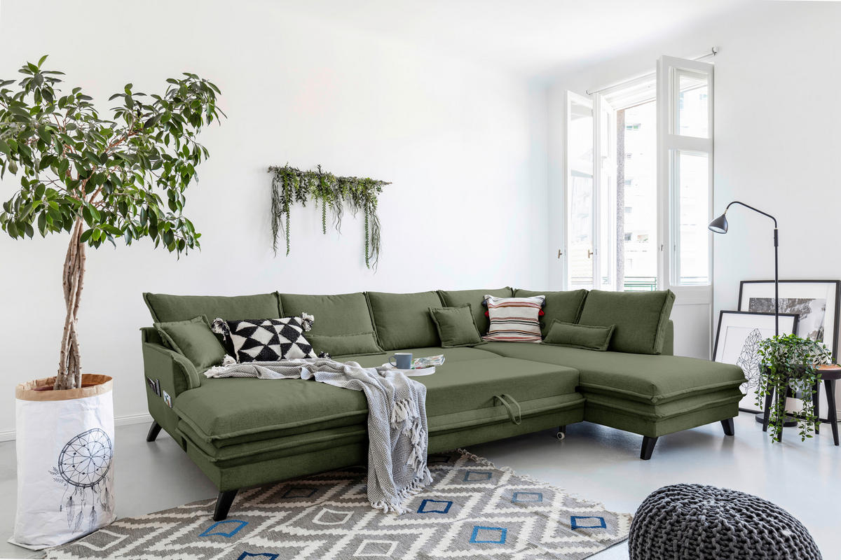 SJEDEĆA GARNITURA tekstil  zelena   - zelena/crna, Design, tekstil/drvo (150/300/200cm) - P & B