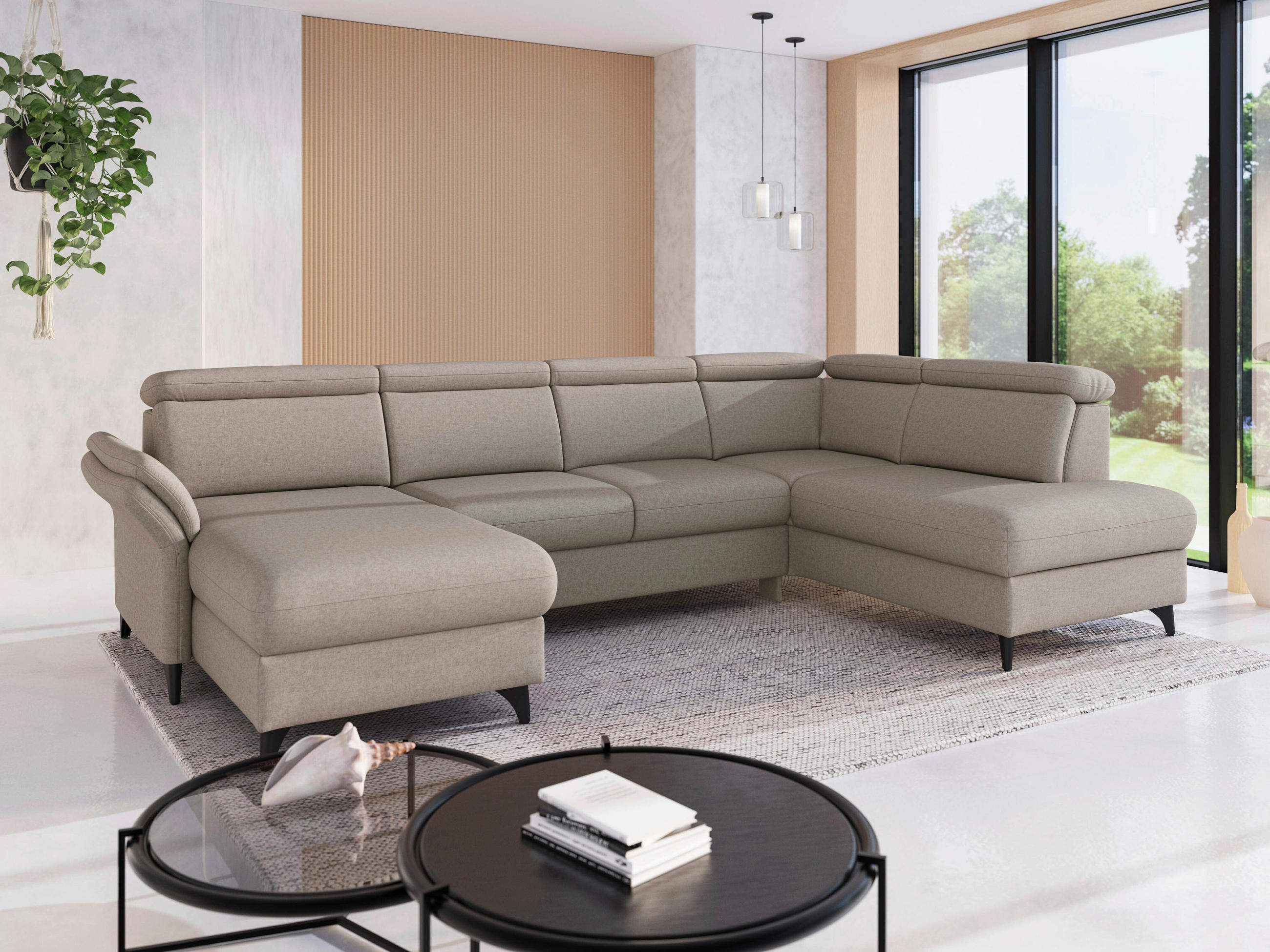 WOHNLANDSCHAFT GLENDALE E in Flachgewebe Taupe  - Taupe/Schwarz, KONVENTIONELL, Textil/Metall (166/321/193cm) - Sit & More