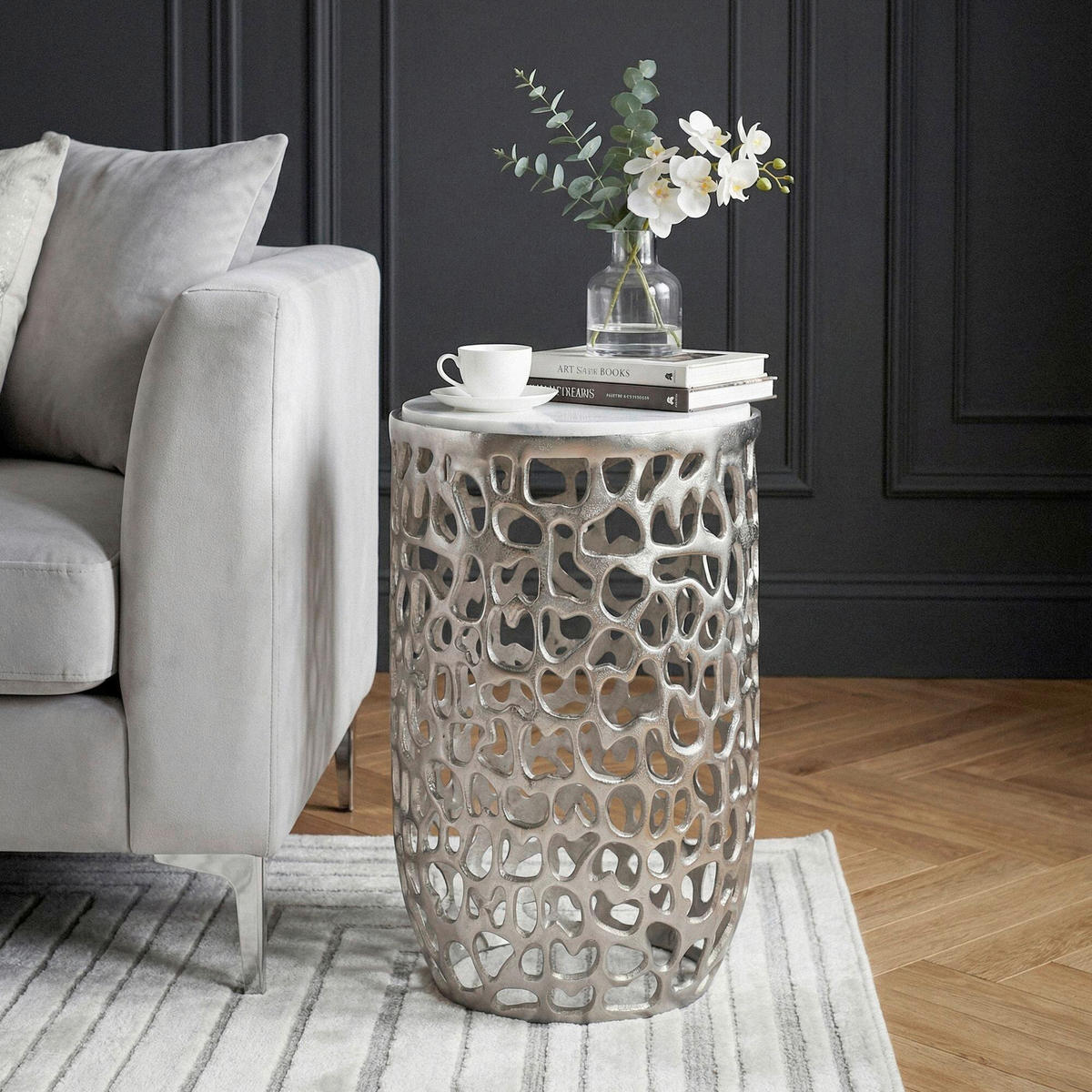 BEISTELLTISCH in Metall  - Silberfarben, Design, Stein/Metall (30/50/30cm) - Livetastic