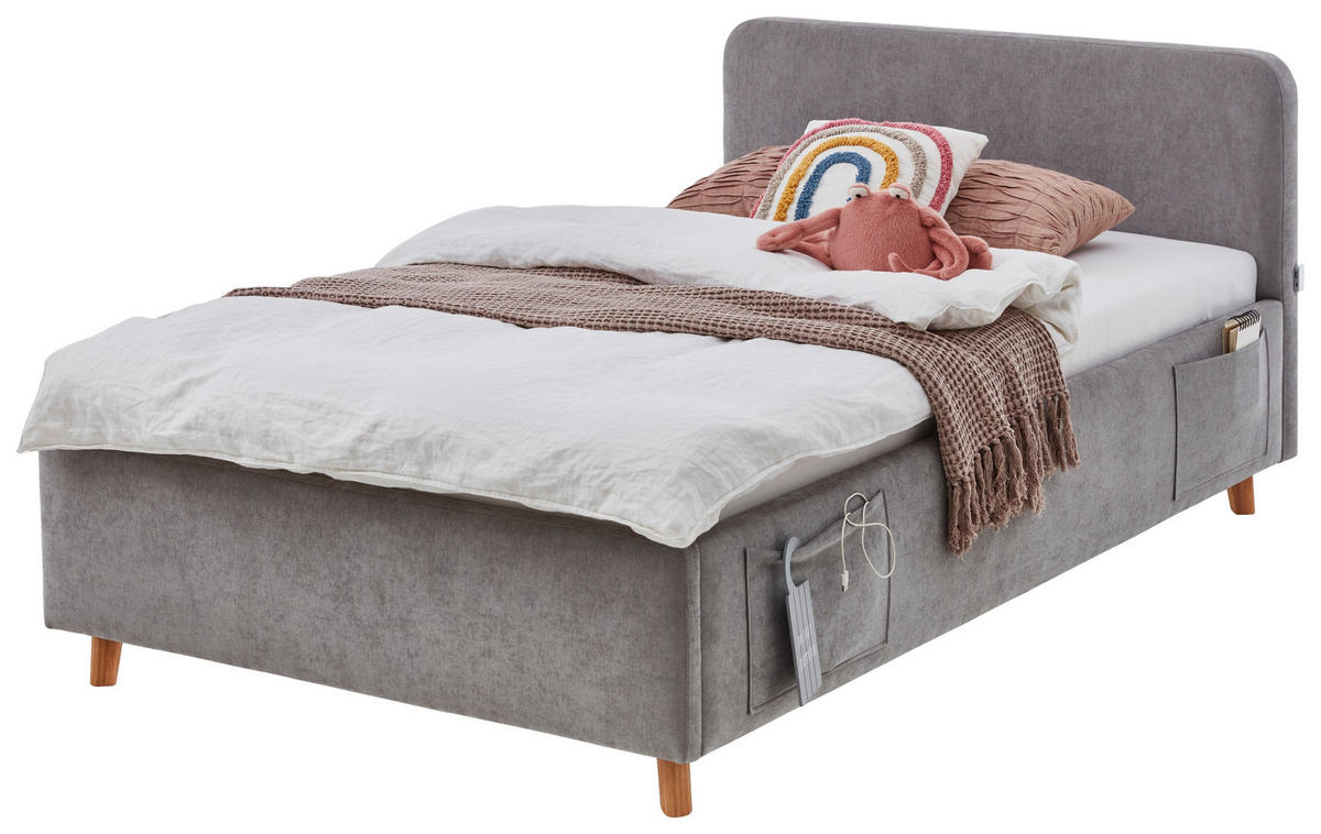 POLSTERBETT 120/200 cm,  in Grau, Eichefarben, Lattenrost, Bettkasten, Betttasche,  - Eichefarben/Birkefarben, KONVENTIONELL, Holz/Textil (120/200cm) - Boxxx