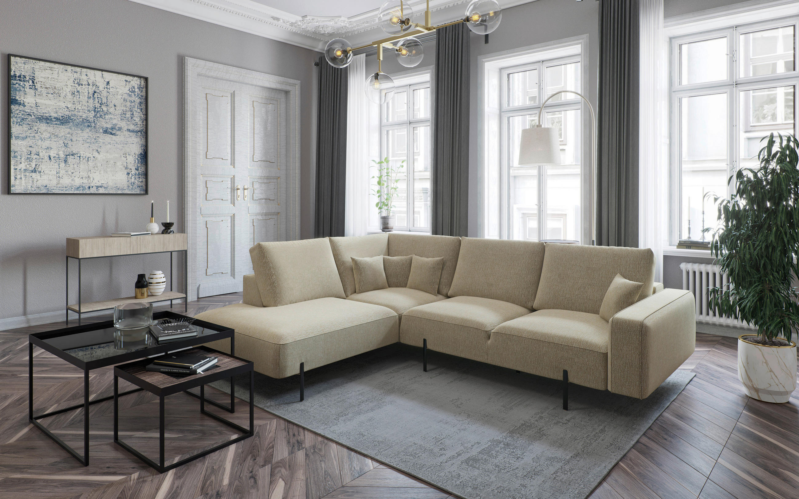 ECKSOFA in Flachgewebe Cappuccino  - Schwarz/Cappuccino, Design, Textil/Metall (280/223cm) - Livetastic