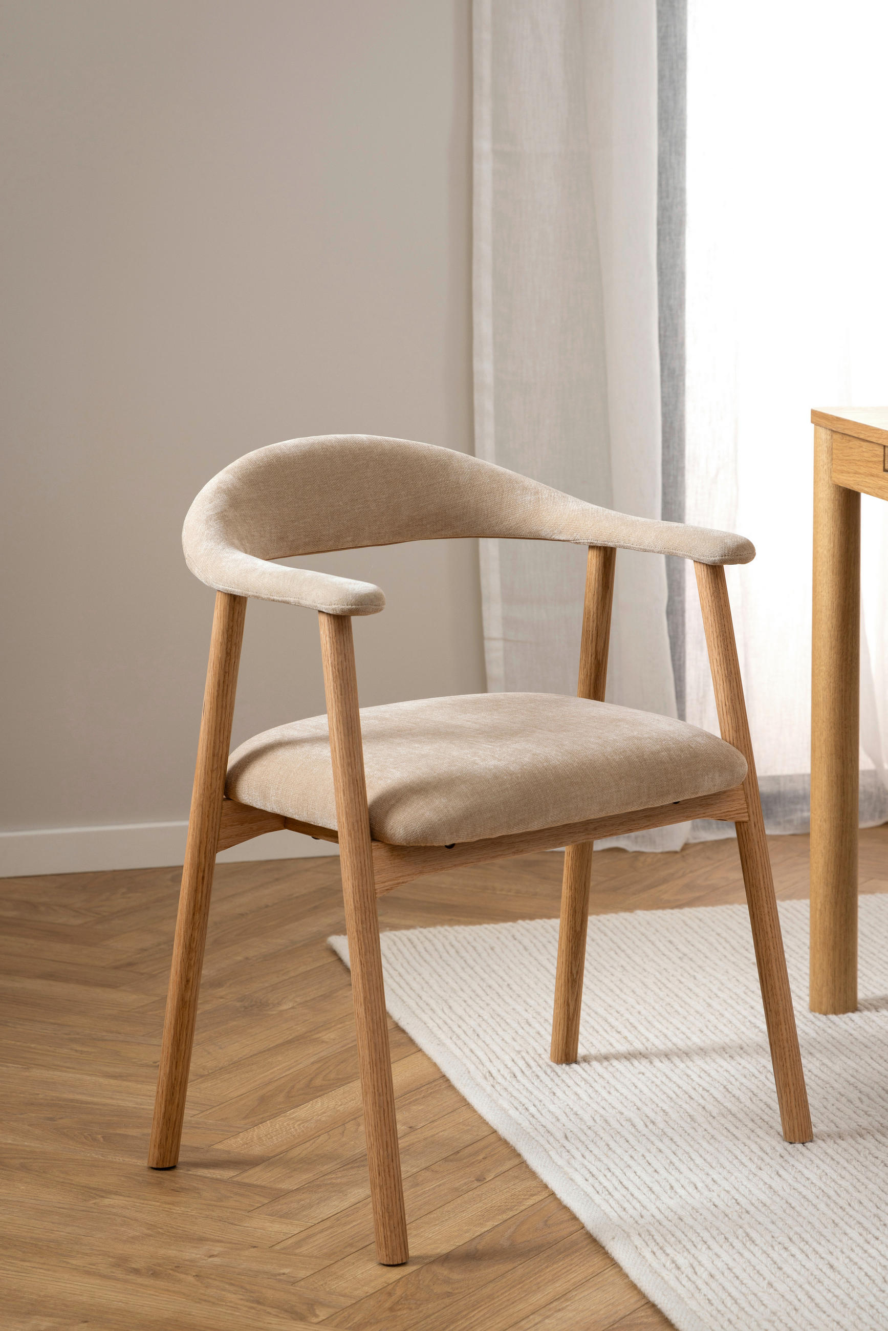 Thumbnail - Mid.you Armlehnstuhl, Eiche, Beige, Textil, Eiche, massiv, Füllung: Polyurethan (Pur), rund, 56x75.5x54 cm, Esszimmer, S...