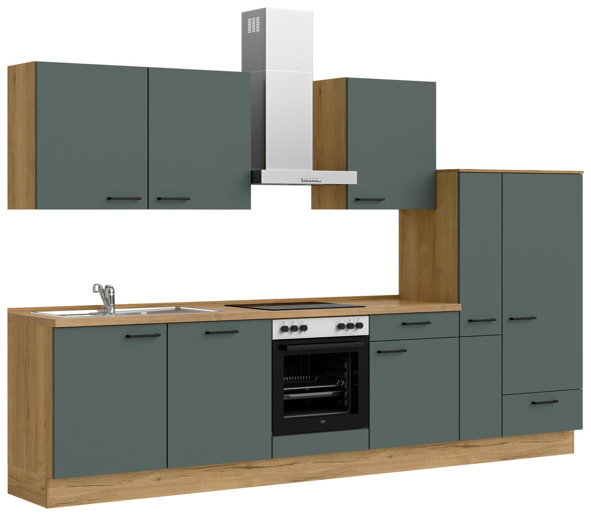 KÜCHENBLOCK 330 cm   in Eichefarben, Dunkelgrün  - Dunkelgrün/Eichefarben, MODERN, Holzwerkstoff/Metall (330cm) - Nobilia