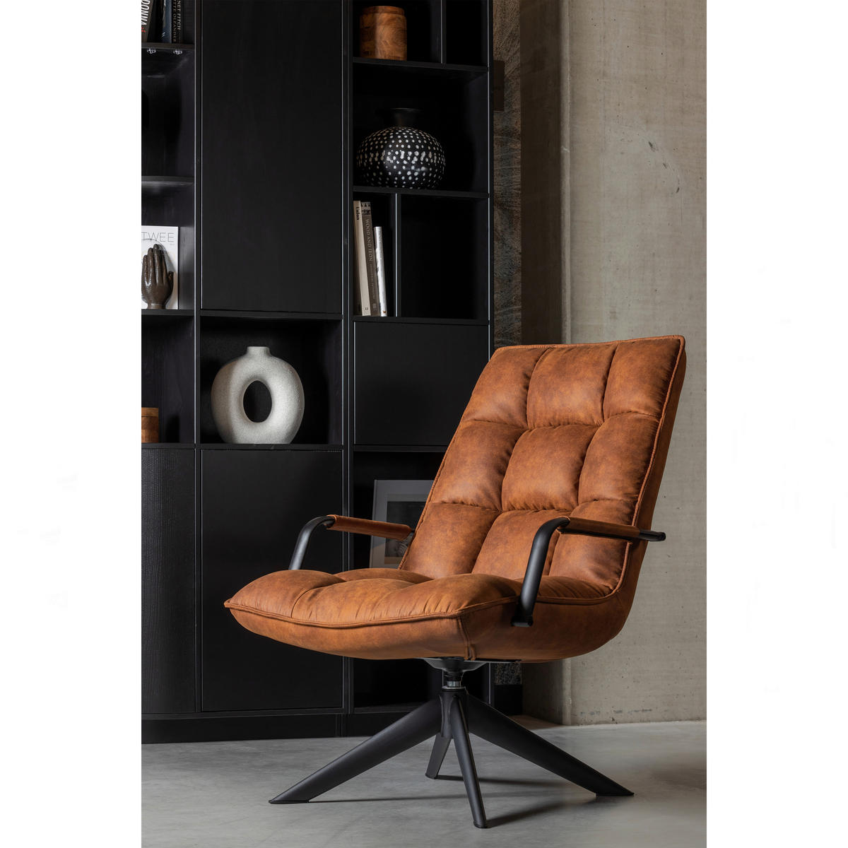 SESSEL in Lederlook Cognac  - Cognac/Schwarz, Design, Textil/Metall (77/97/69cm) - Livetastic